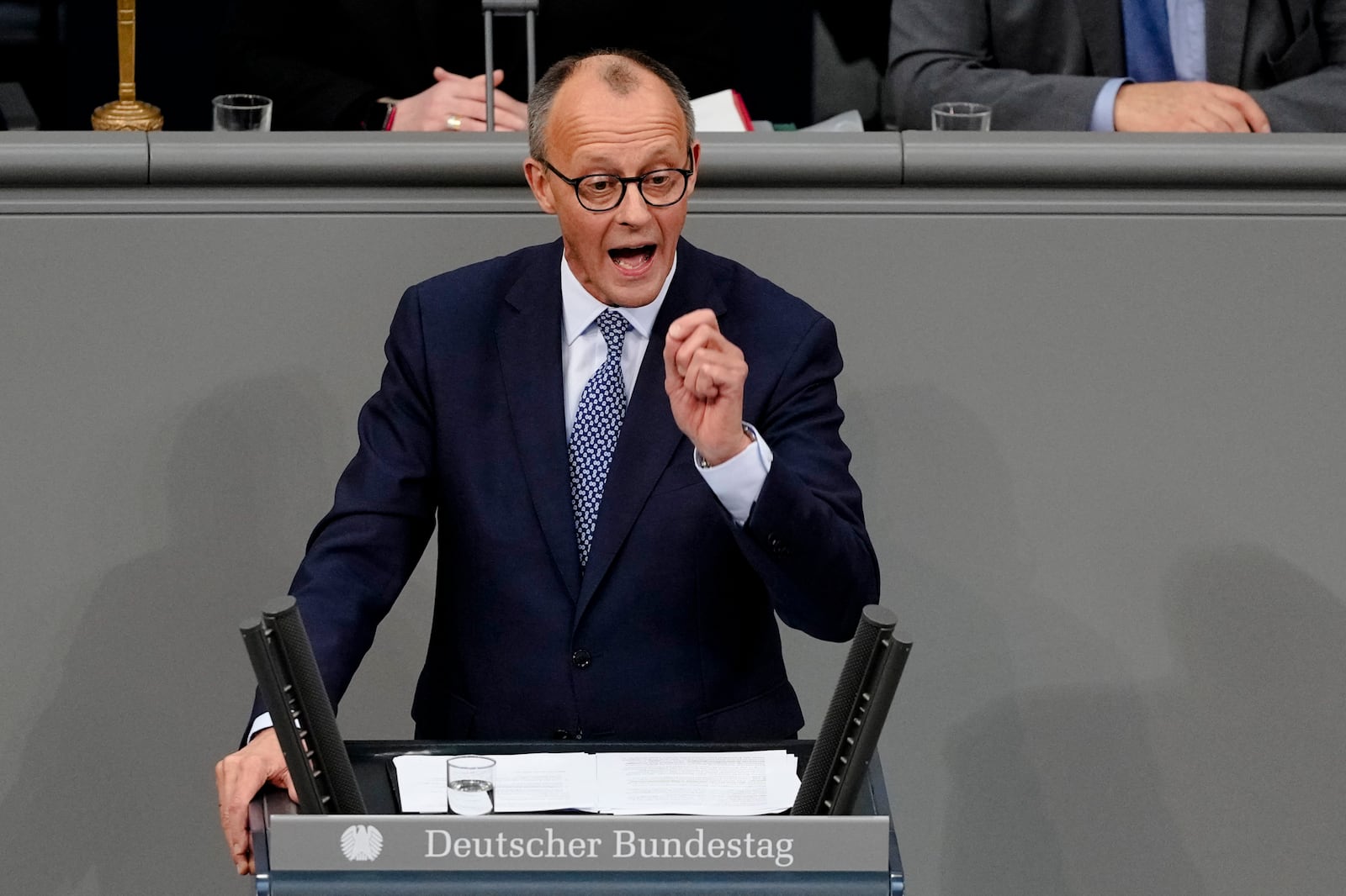 FILE - CDU party leader Friedrich Merz speaks during a debate on immigration at the German parliament Bundestag in Berlin, Germany, Jan. 29, 2025. (AP Photo/Markus Schreiber, File)