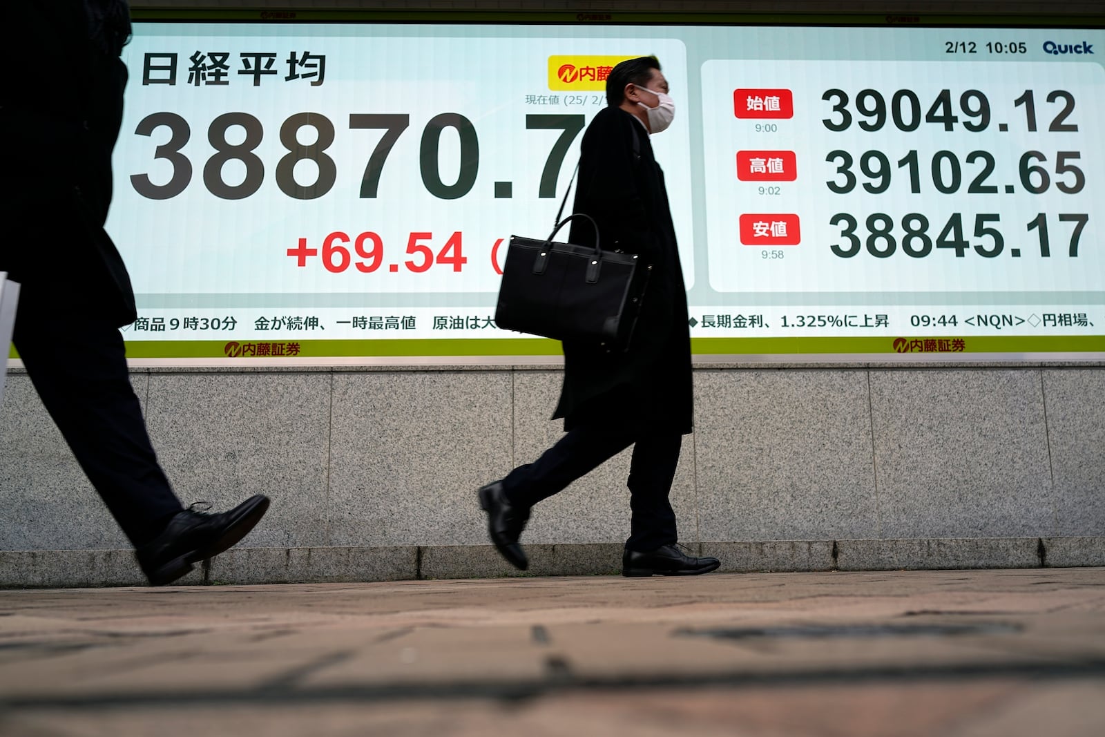 People walk in front of an electronic stock board showing Japan's Nikkei index at a securities firm Wednesday, Feb. 12, 2025, in Tokyo. (AP Photo/Eugene Hoshiko)