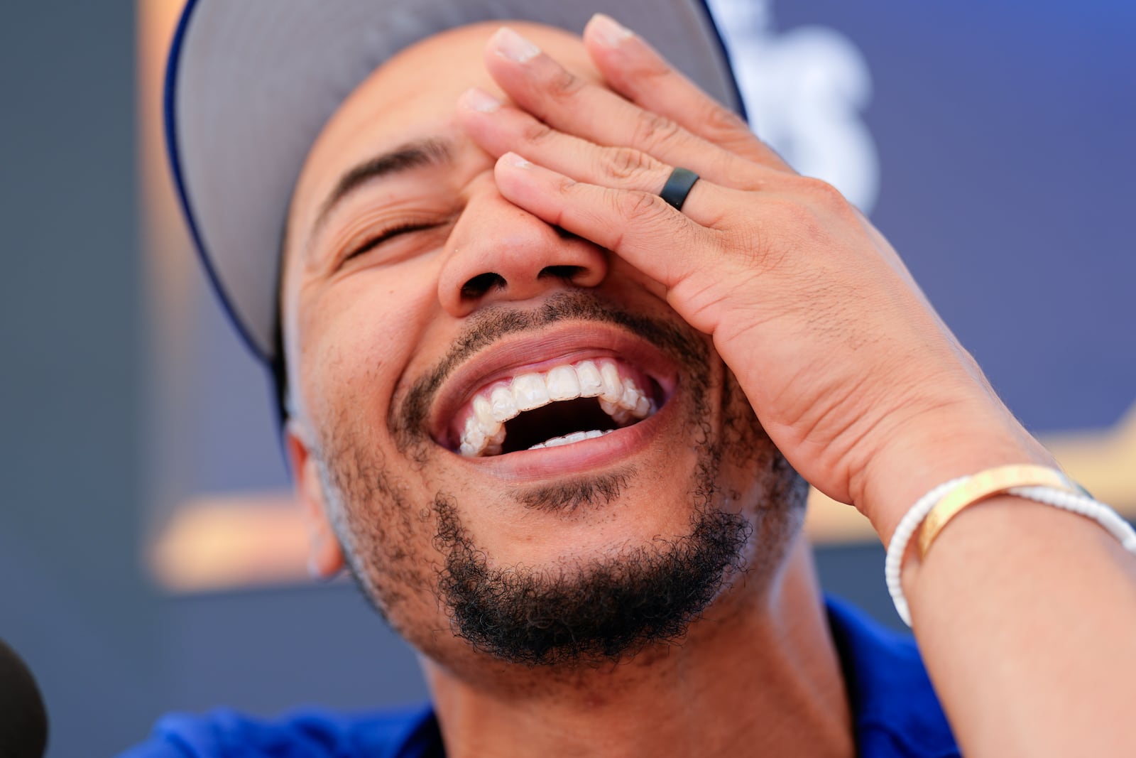 Los Angeles Dodgers' Mookie Betts speaks during media day for the baseball World Series, Thursday, Oct. 24, 2024, in Los Angeles. (AP Photo/Julio Cortez)