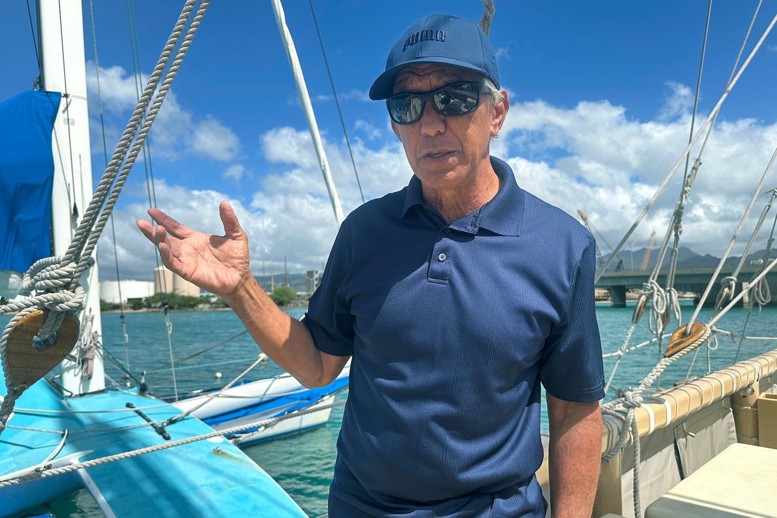 Nainoa Thompson, master navigator and CEO of the Polynesian Voyaging Society, discusses navigation techniques while on board the Hokulea canoe as it is moored in Honolulu on Monday, March 3, 2025. (AP Photo/Audrey McAvoy)