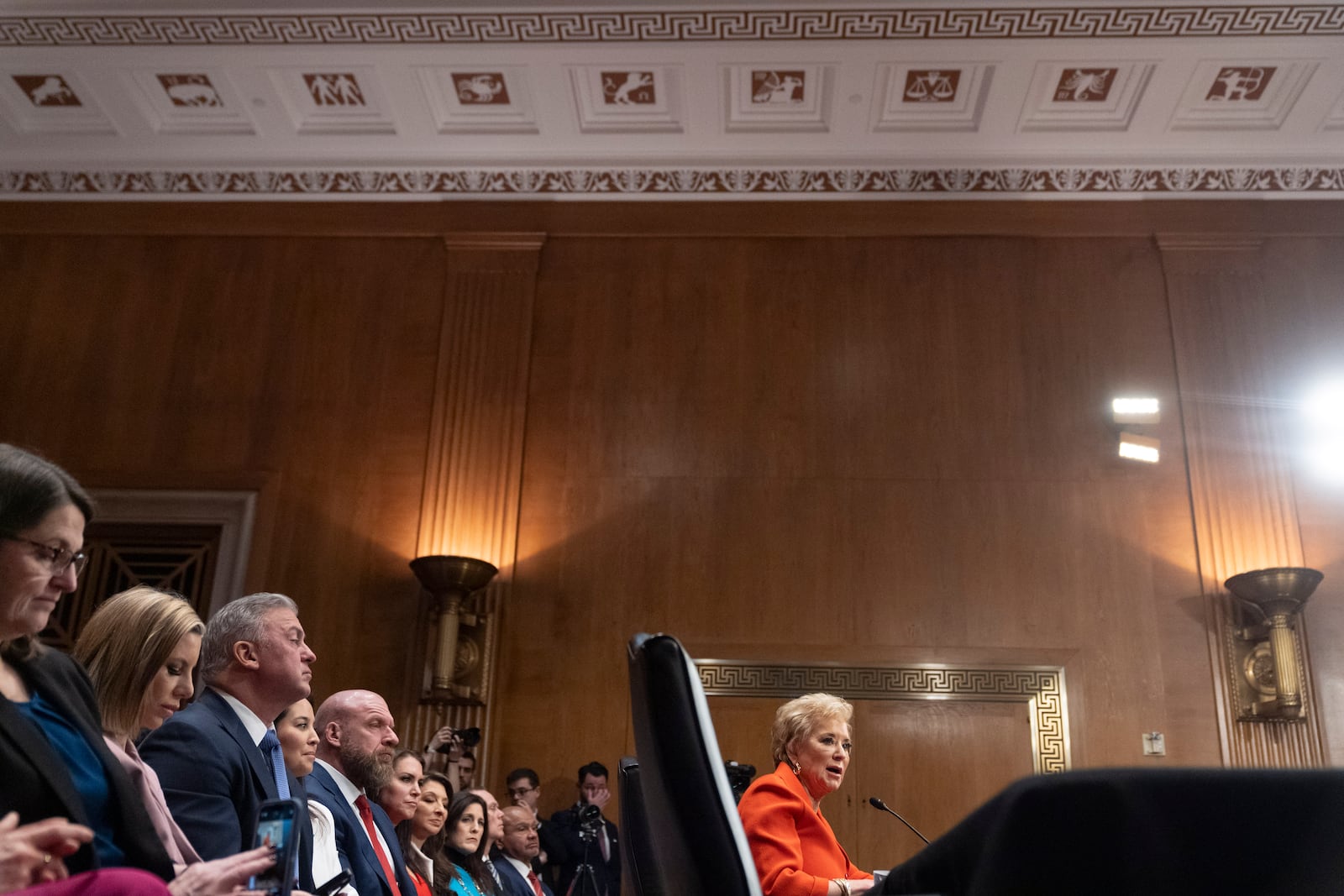 Linda McMahon, President Donald Trump's nominee for Secretary of Education, speaks during a hearing of the Health, Education, and Labor Committee on her nomination, Thursday, Feb. 13, 2025, in Washington. (AP Photo/Jacquelyn Martin)