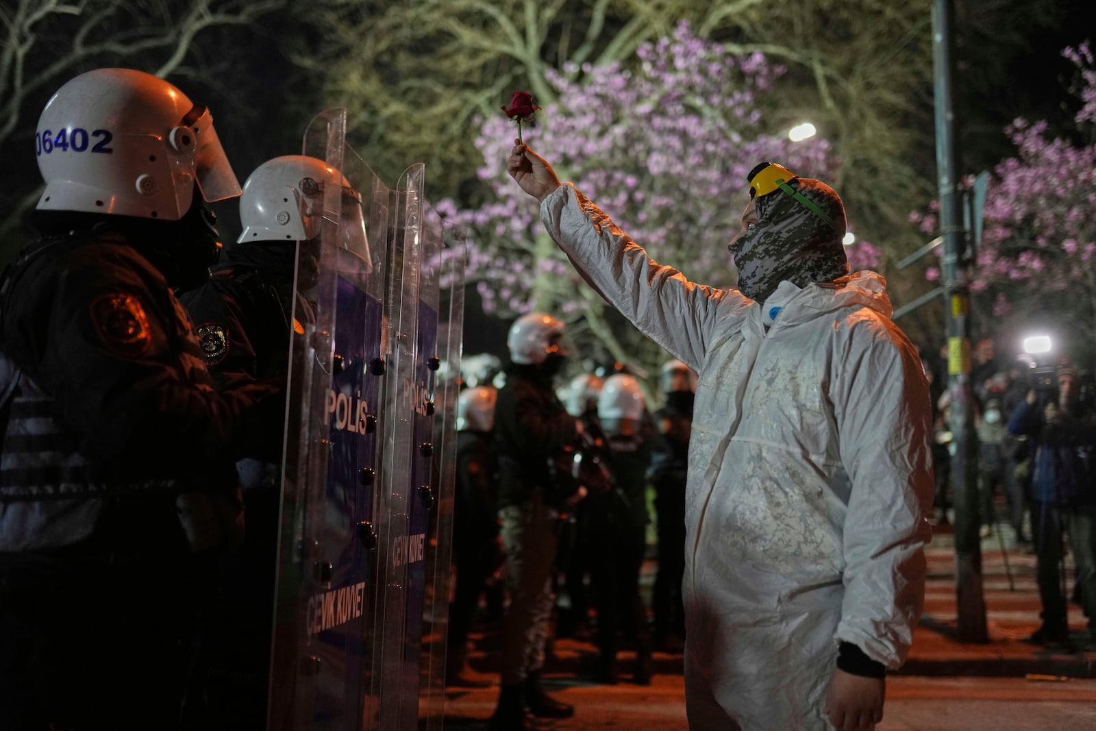 A protesters holds up a flower as stands in front of riot police officers during a protest against the arrest of Istanbul's Mayor Ekrem Imamoglu, in Istanbul, Turkey, Saturday, March 22, 2025. (AP Photo/Francisco Seco)