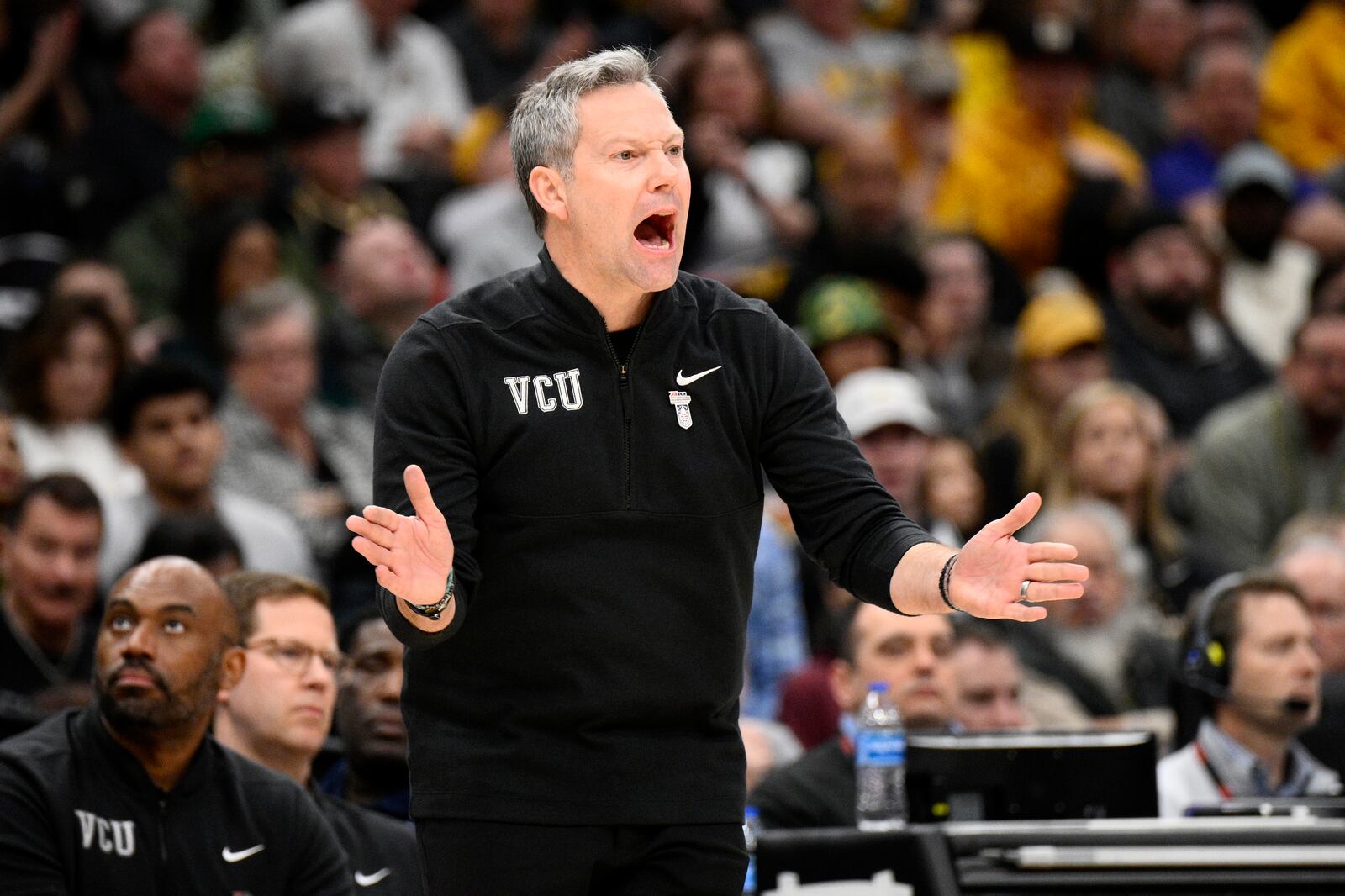 Virginia Commonwealth head coach Ryan Odom reacts during the second half of an NCAA college basketball game in the championship of the Atlantic 10 tournament against George Mason, Sunday, March 16, 2025, in Washington. (AP Photo/Nick Wass)