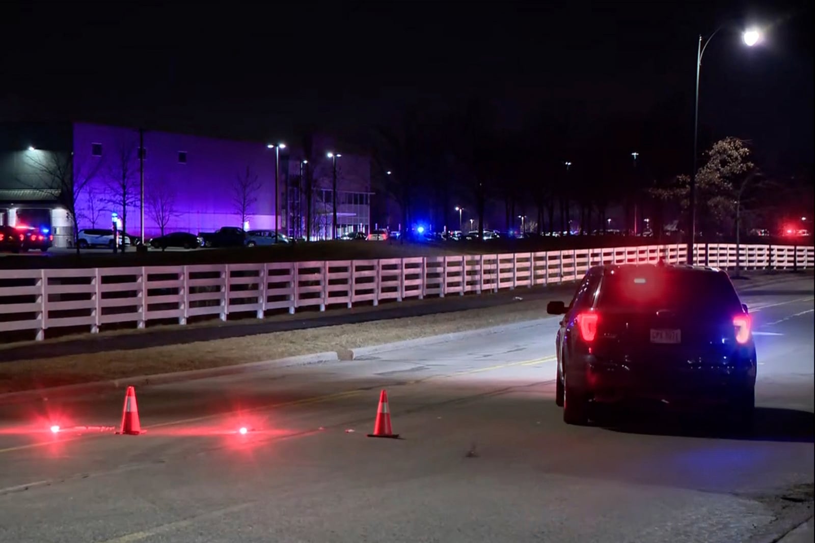 This image taken from video provided by WSYX shows police responding to an active shooter early Wednesday, Feb. 5, 2025, in New Albany, Ohio. (WSYX via AP)