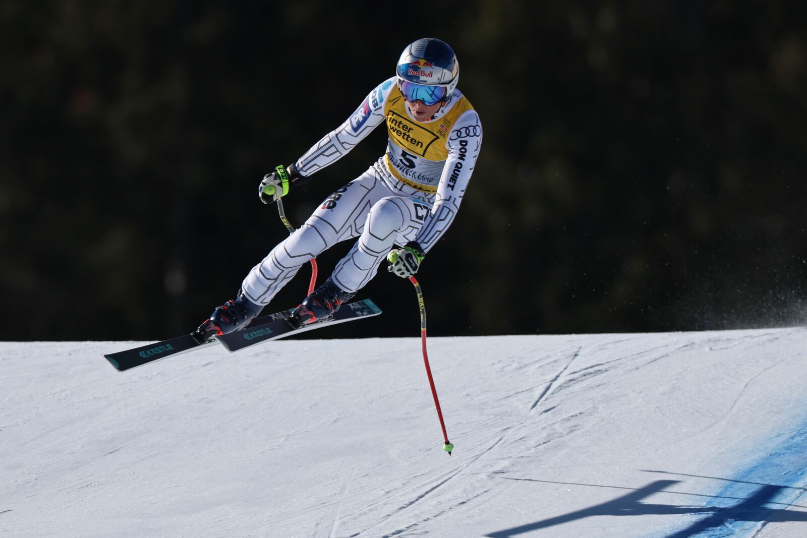 Czech Republic's Ester Ledecka speeds down the course during a women's downhill race, at the Alpine Ski World Championships, in Saalbach-Hinterglemm, Austria, Saturday, Feb. 8, 2025. (AP Photo/Marco Trovati)