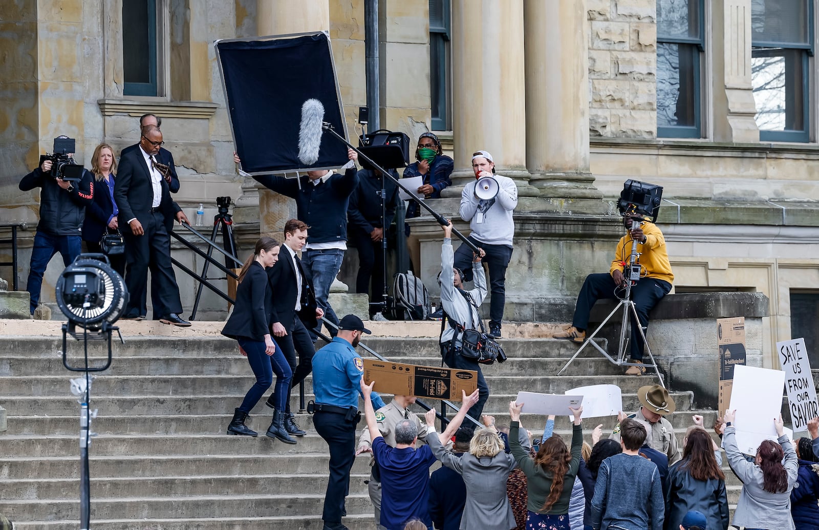 Markus Cook, a native of Butler County, is filming the sequel to his 2019 film Alan and the Fullness of Time. This sequel, titled "Alan and the Rulers of the Air" will be shot in Hamilton, Covington, Ky., and various parts of the Cincinnati region. These scenes were shot at the historic Butler County Courthouse Monday, Feb. 21, 2022 in Hamilton. NICK GRAHAM/STAFF