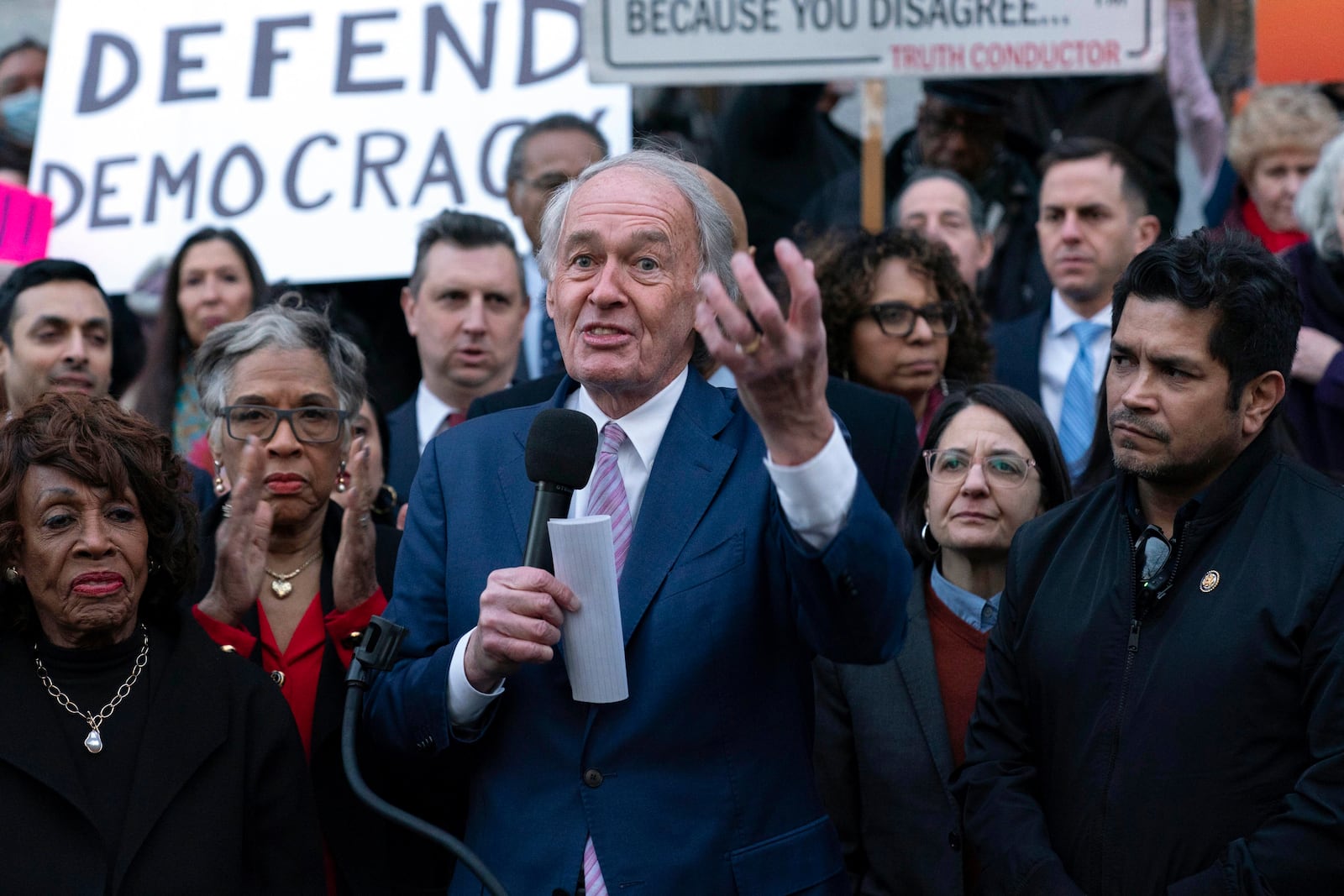 Sen. Ed Markey, D-Mass., accompanied by other members of congress, speaks during a rally against Elon Musk outside the Treasury Department in Washington, Tuesday, Feb. 4, 2025. (AP Photo/Jose Luis Magana)