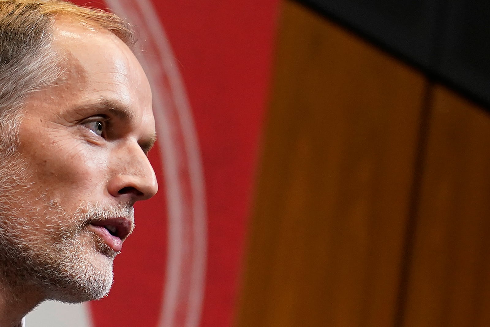 The newly appointed England men's soccer team manager Thomas Tuchel speaks during a press conference held at Wembley Stadium in London, Wednesday, Oct. 16, 2024. (AP Photo/Alberto Pezzali)