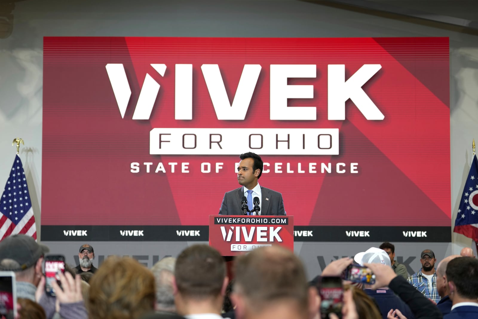 Vivek Ramaswamy announces his candidacy for Ohio governor, Monday, Feb. 24, 2025, in West Chester Township, Ohio. (AP Photo/Kareem Elgazzar)