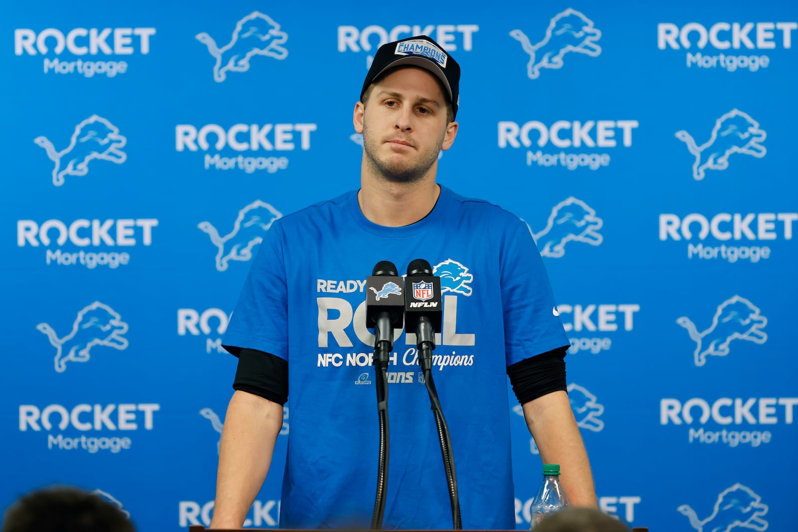 Detroit Lions quarterback Jared Goff talks to the medial following an NFL football game against the Minnesota Vikings Monday, Jan. 6, 2025, in Detroit. (AP Photo/Rey Del Rio)