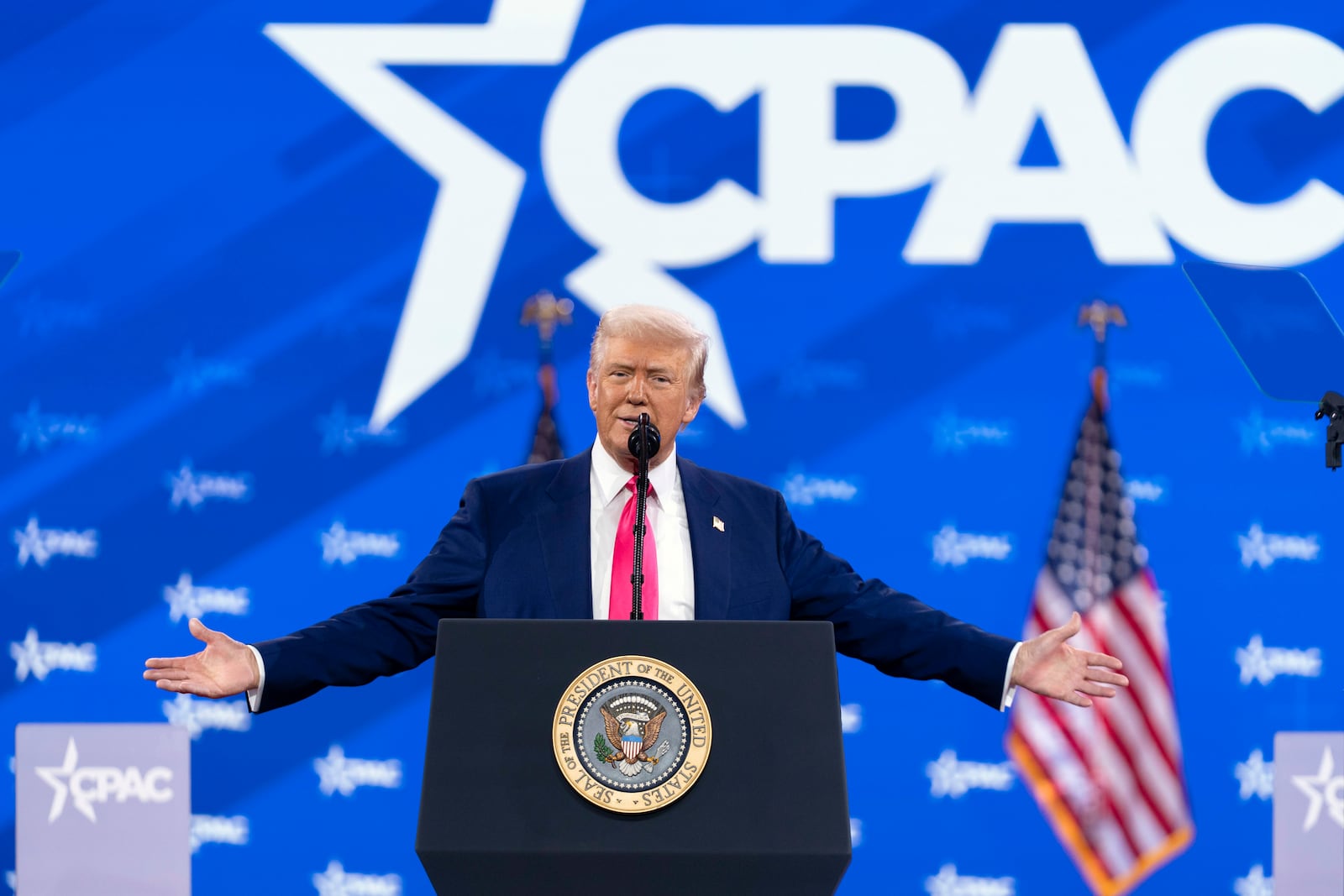 President Donald Trump speaks at the Conservative Political Action Conference, CPAC, at the Gaylord National Resort & Convention Center, Saturday, Feb. 22, 2025, in Oxon Hill, Md. (AP Photo/Jose Luis Magana)