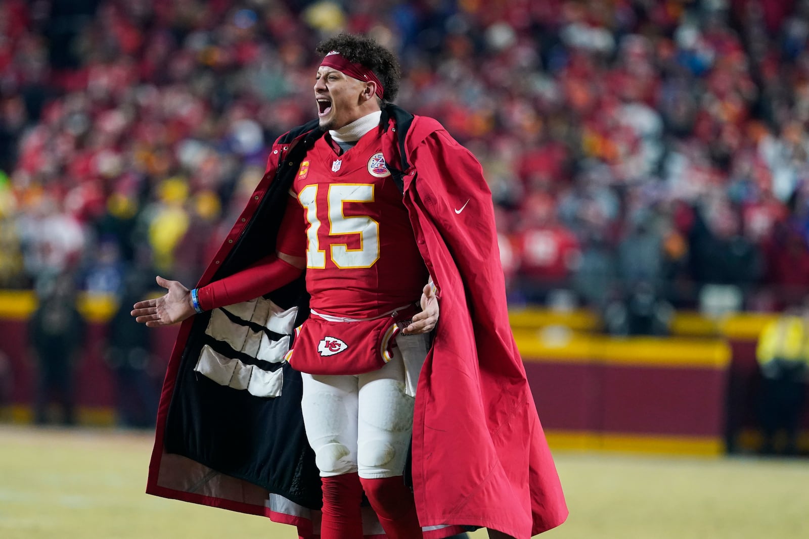 Kansas City Chiefs quarterback Patrick Mahomes yells from the sideline during the first half of the AFC Championship NFL football game against the Buffalo Bills, Sunday, Jan. 26, 2025, in Kansas City, Mo. (AP Photo/Ed Zurga)