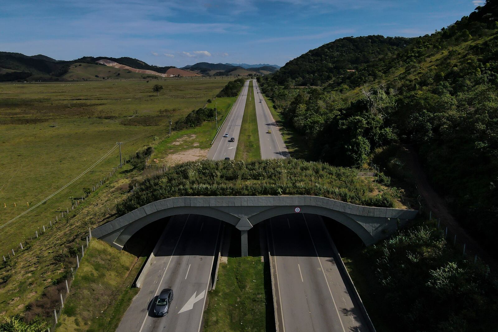 FILE - A vehicle drives under a wildlife crossing that allows animals to go over a highway in Silva Jardim, Rio de Janeiro state, Brazil, July 10, 2022. (AP Photo/Lucas Dumphreys, File)