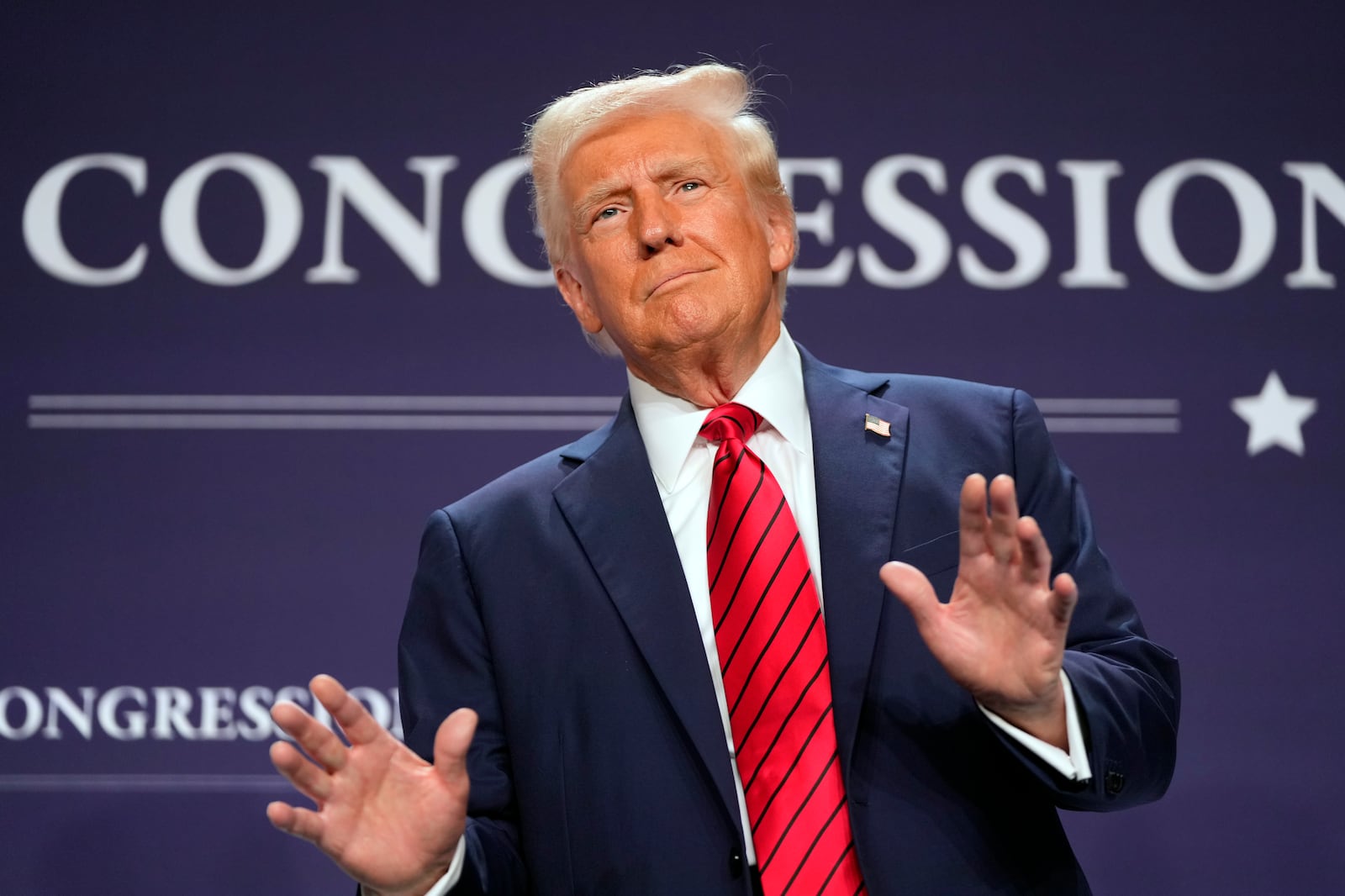 FILE - President Donald Trump arrives to speak at the 2025 House Republican Members Conference Dinner at Trump National Doral Miami in Doral, Fla., Jan. 27, 2025. (AP Photo/Mark Schiefelbein, File)