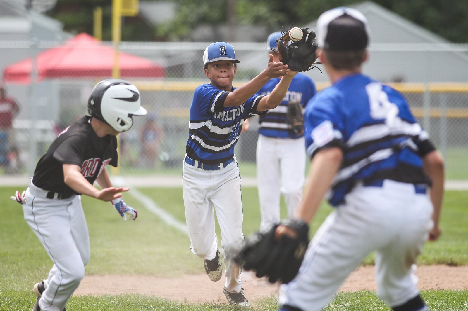 Hamilton West Side’s Braedyn Moore is about to catch the ball as teammate Davis Avery (4) watches Canfield runner Connor Daggett during a rundown play that ended Thursday’s winners’ bracket final of the Ohio Little League 12-year-old baseball tournament at Ford Park in Maumee. CONTRIBUTED PHOTO BY SCOTT GRAU