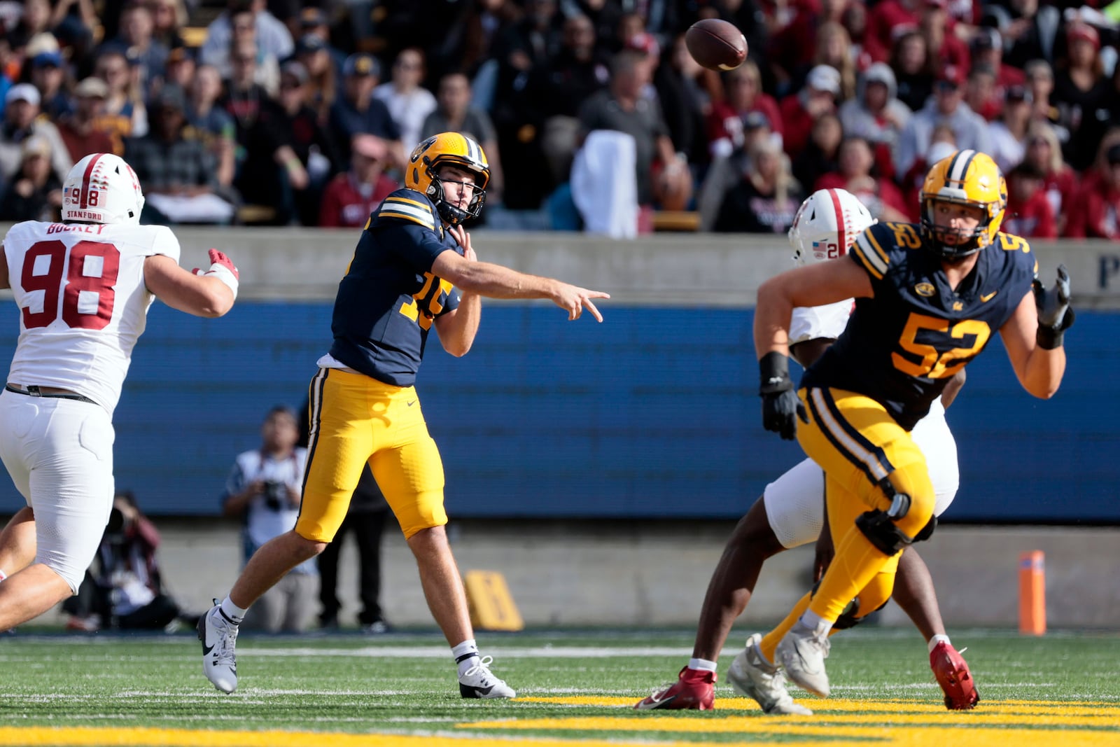 California quarterback Fernando Mendoza (15) throws a pass during the fourth quarter of an NCAA college football game against the Stanford at Memorial Stadium in Berkeley, Calif., on Saturday, Nov. 23, 2024. (Santiago Mejia/San Francisco Chronicle via AP)