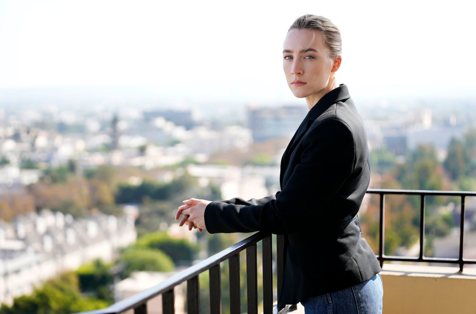 Saoirse Ronan, a cast member in "Blitz," poses for a portrait at the Four Seasons Hotel, Monday, Oct. 14, 2024, in Los Angeles. (AP Photo/Chris Pizzello)