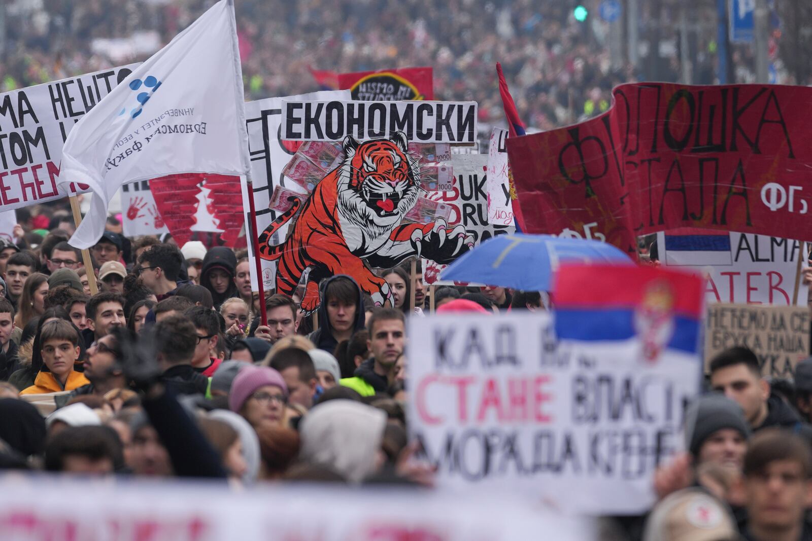 University students joined calls for a general strike after more than two months of protests over the collapse of a concrete canopy that killed 15 people more than two months ago, in Belgrade, Serbia, Friday, Jan. 24, 2025. (AP Photo/Darko Vojinovic)