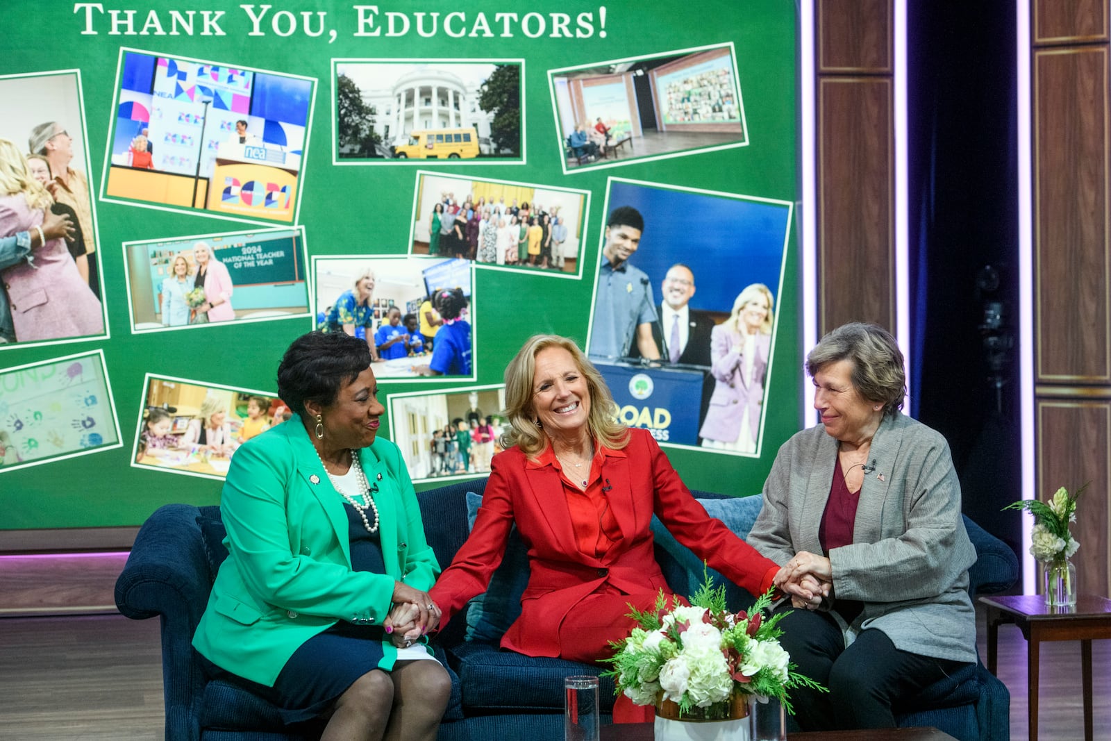 First lady Jill Biden, center, is joined by Becky Pringle, president of the National Education Association, left, and Randi Weingarten, president of American Federation of Teachers , right, during a virtual thank you event for educators with the American Federation of Teachers and the National Education Association, in the South Court Auditorium on the White House complex in Washington, Monday, Dec. 16, 2024. (AP Photo/Rod Lamkey, Jr.)