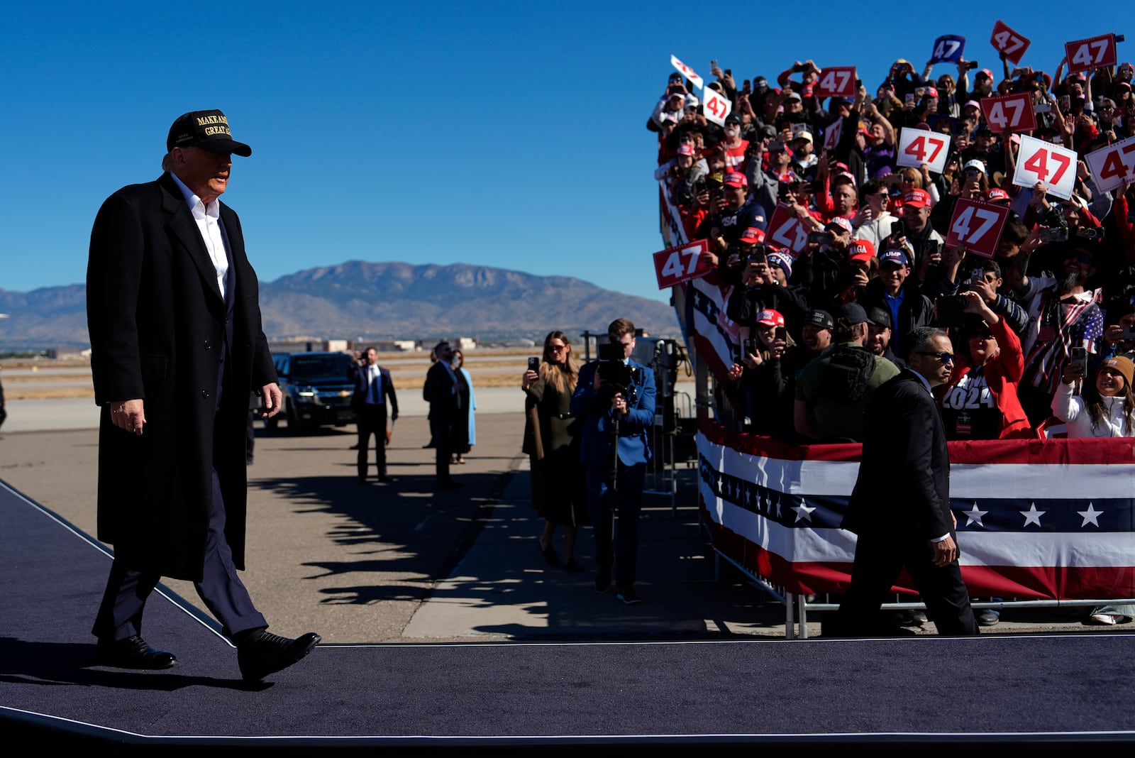 Republican presidential nominee former President Donald Trump arrives at a campaign rally at Albuquerque International Sunport, Thursday, Oct. 31, 2024, in Albuquerque, N.M. (AP Photo/Julia Demaree Nikhinson)