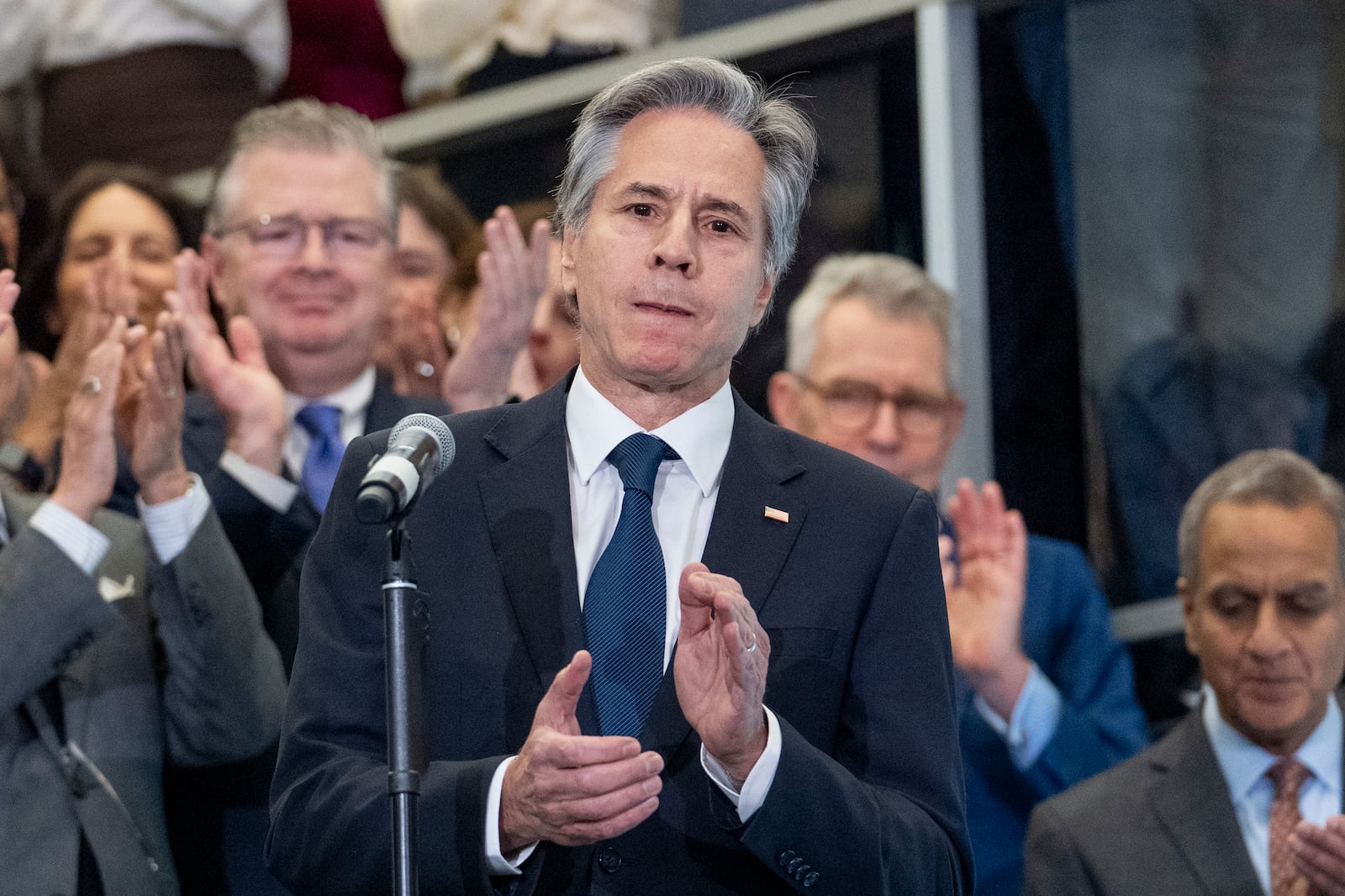 Secretary of State Antony Blinken bids farewell to diplomats and staff at the State Department in Washington, Friday, Jan. 17, 2025. (AP Photo/J. Scott Applewhite)