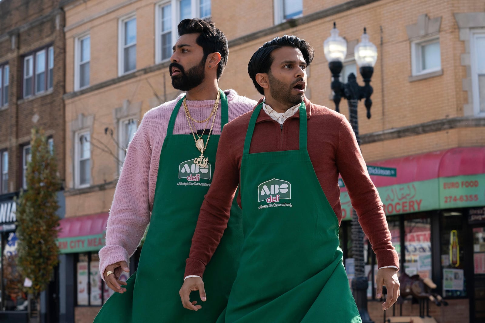 This image released by Disney shows Saagar Shaikh, left, and Asif Ali in a scene from "Deli Boys." (Elizabeth Sisson/Disney via AP)