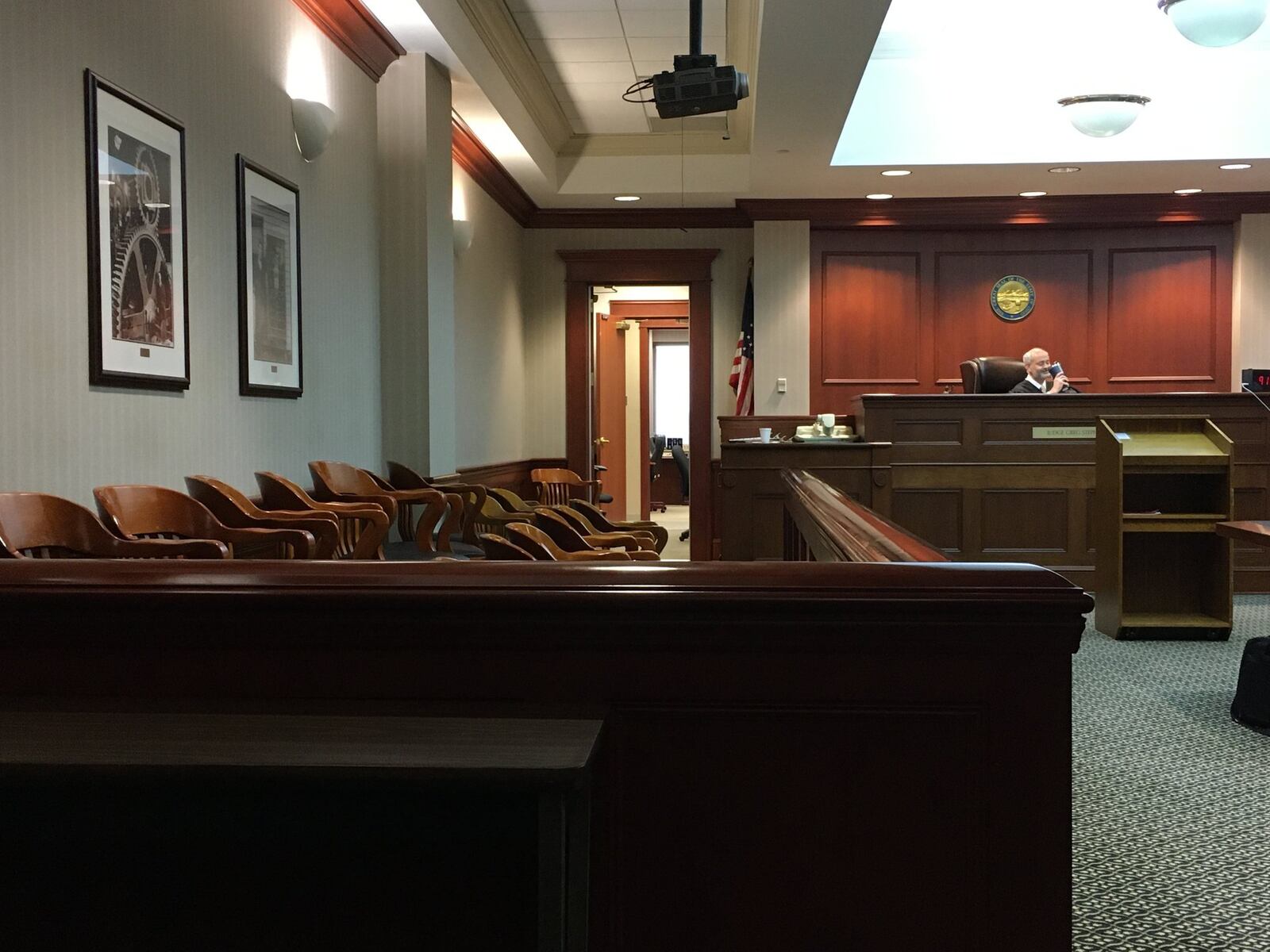 Many cases were continued through paper orders rather than calling cases in open court Monday in Butler County Common Pleas Judge Greg Stephen’s court due to coronavirus concerns. The usually crowded courtrooms were nearly empty. LAUREN PACK/STAFF