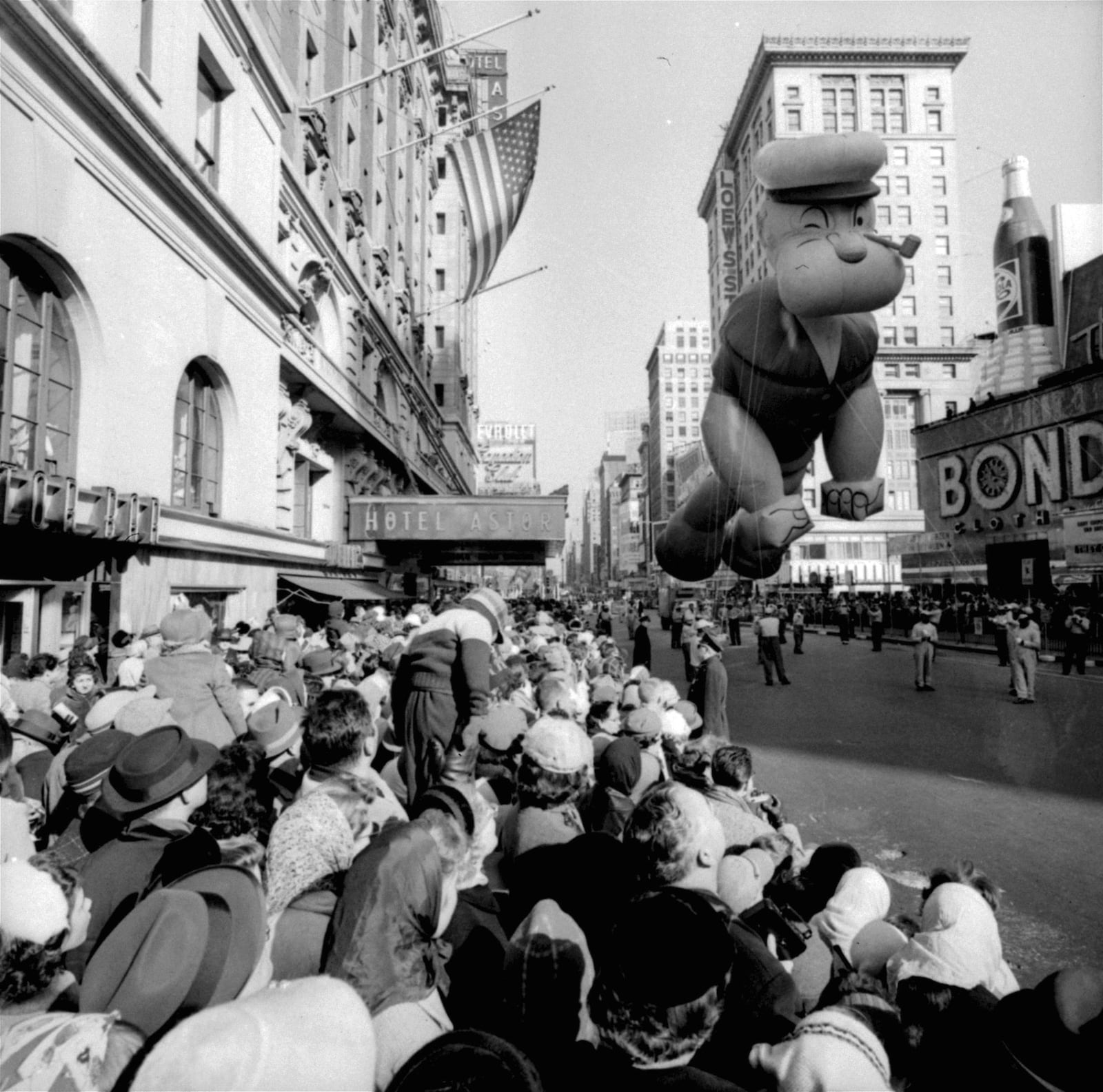 FILE - A helium-filled Popeye balloon appears in the 33rd Macy's Thanksgiving Day Parade in New York on Nov. 26, 1959. (AP Photo/File)