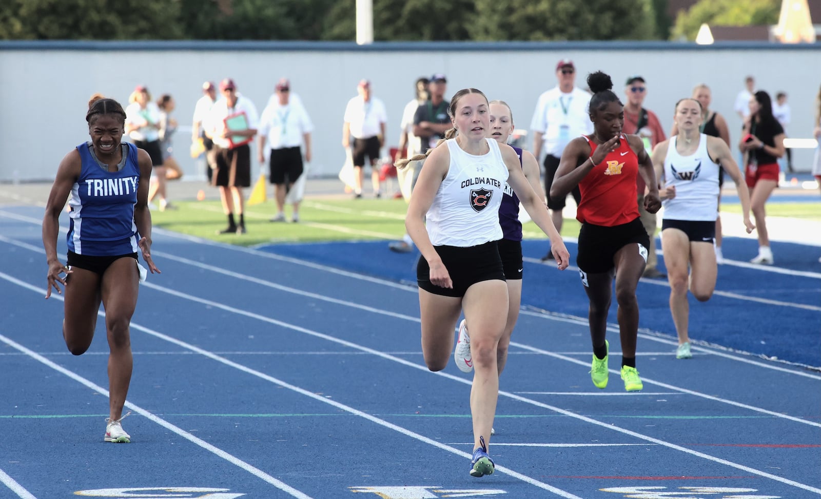 Coldwater's Izzy Zahn races to victory in the 200-meter dash at the OHSAA Division III state track and field championships on Friday, May 31, 2024, at Welcome Stadium in Dayton. David Jablonski/Staff