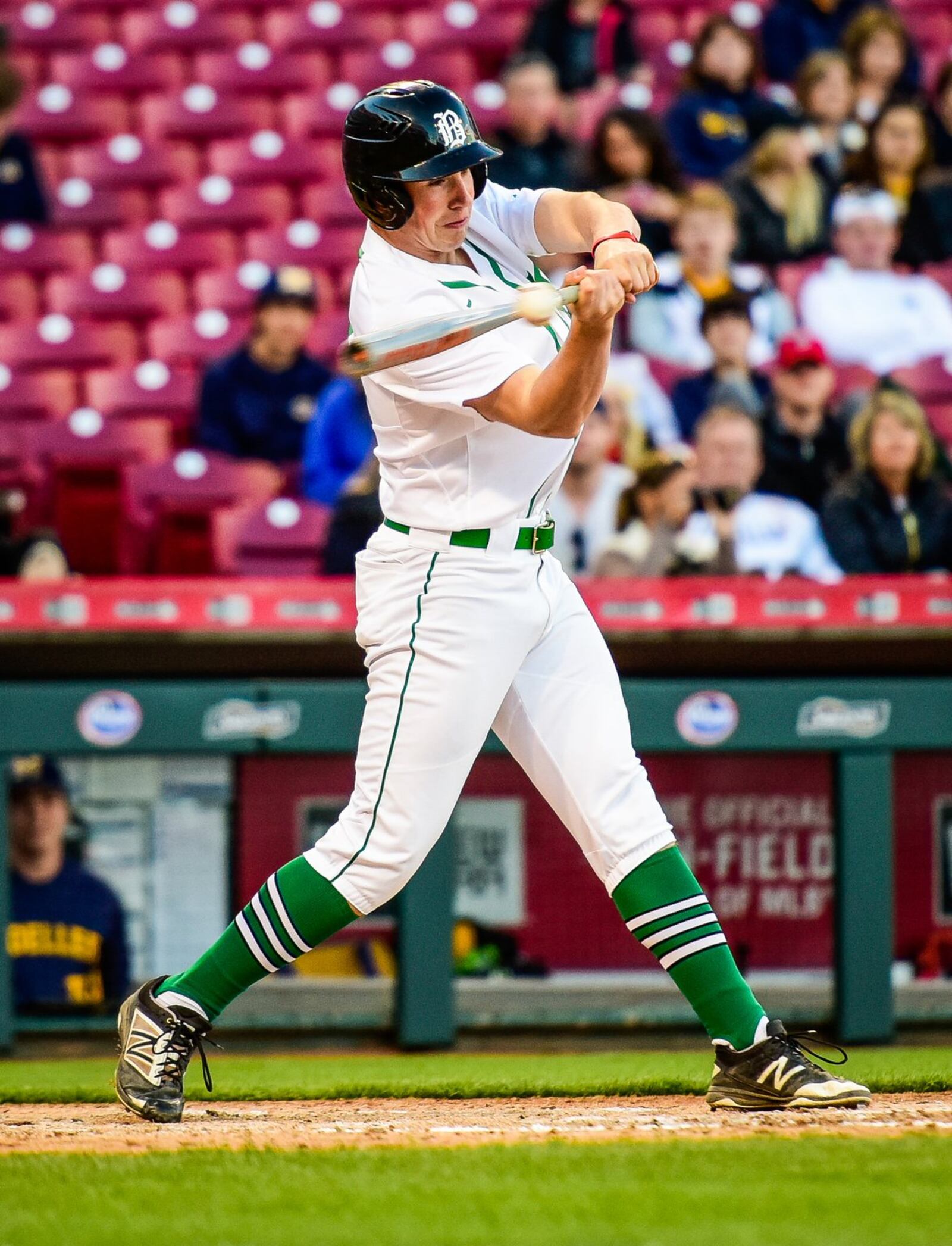 Badin’s Seth Klaiber gets a piece of the ball during the Rams’ 12-2 loss to Moeller on April 7, 2017, in the Reds Futures High School Showcase at Great American Ball Park in Cincinnati. NICK GRAHAM/STAFF