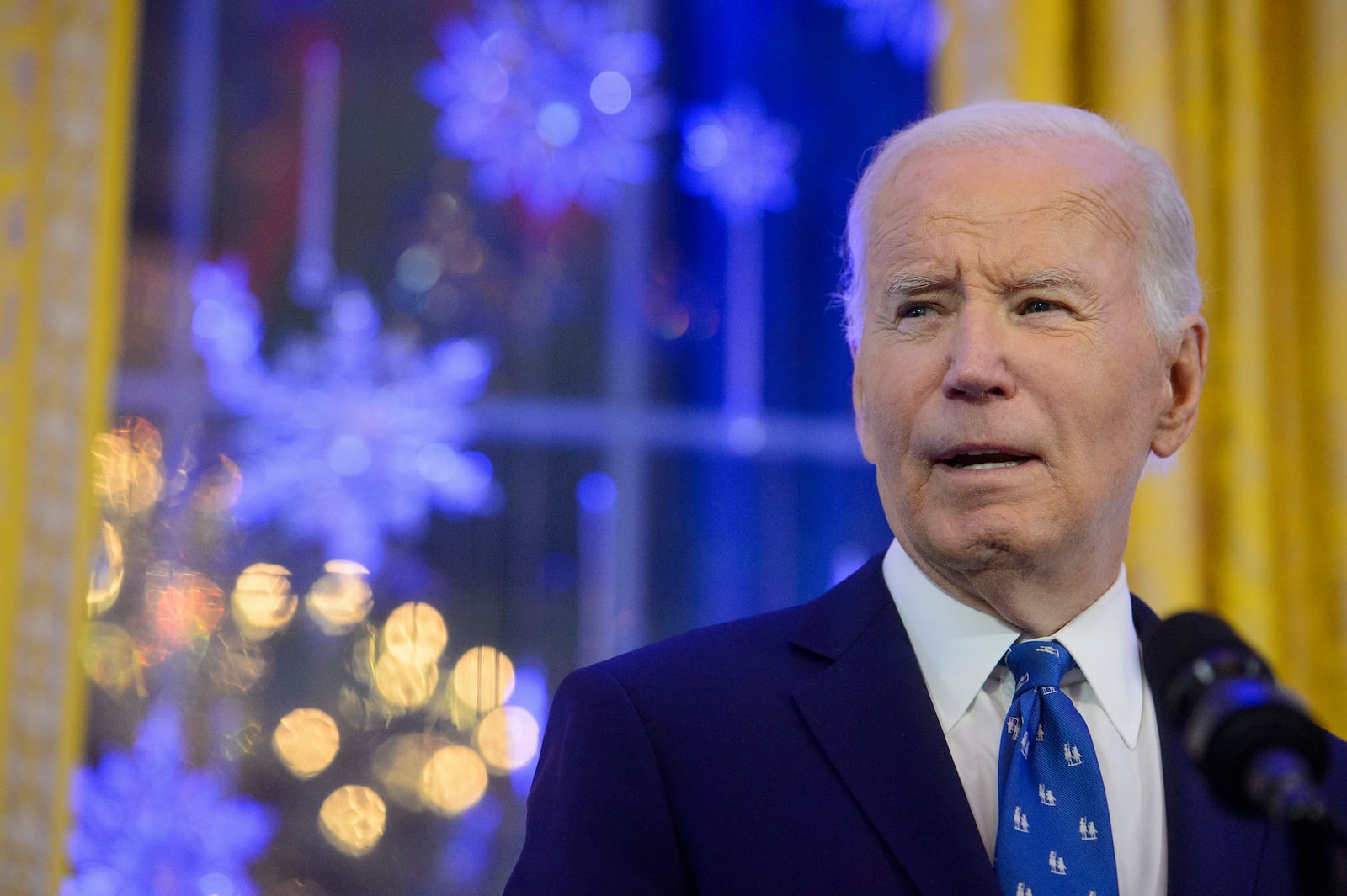 President Joe Biden speaks during a Hanukkah reception in the East Room of the White House in Washington, Monday, Dec. 16, 2024. (AP Photo/Rod Lamkey, Jr.)