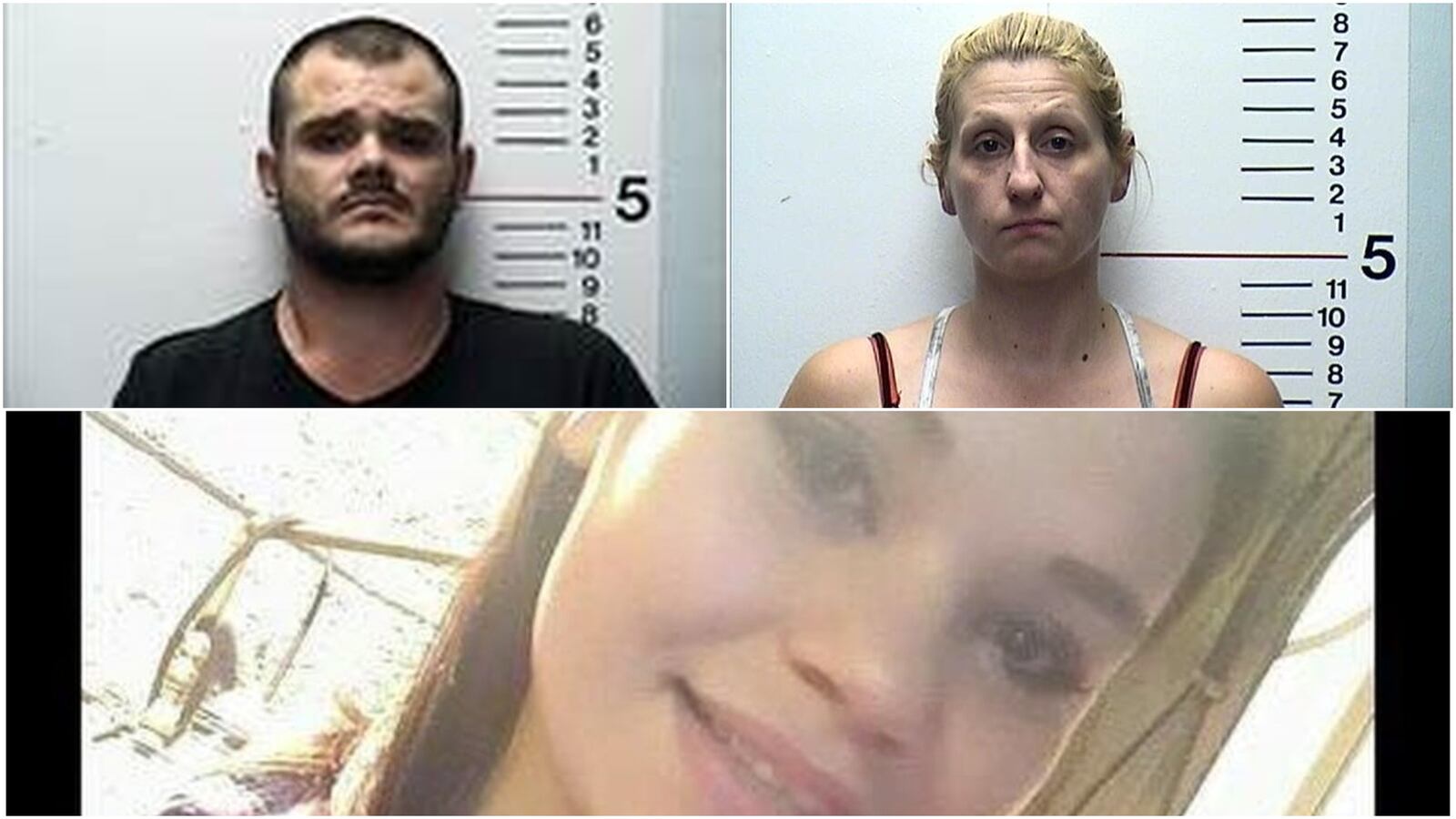 Joshua Swenson, top left, and Erica Robinson, top right, allegedly dumped the body of Leslie Dalton (bottom) in woods near their home after Dalton overdosed.