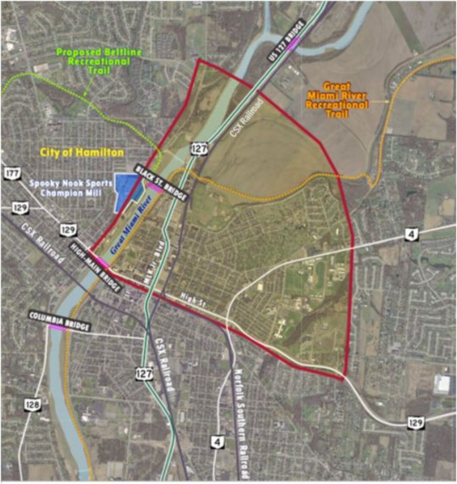 This is a map showing the boundaries of the area being studied for location of a proposed North Hamilton Crossing, which would go over the Great Miami River and over or under the CSX tracks to alleviate east-west traffic on High and Main Streets. PROVIDED