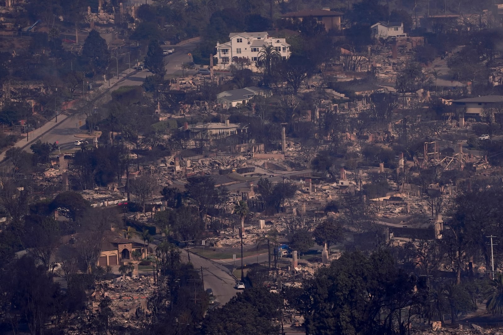 The devastation from the Palisades Fire is seen from the air in the Pacific Palisades neighborhood of Los Angeles, Thursday, Jan. 9, 2025. (AP Photo/Mark J. Terrill)