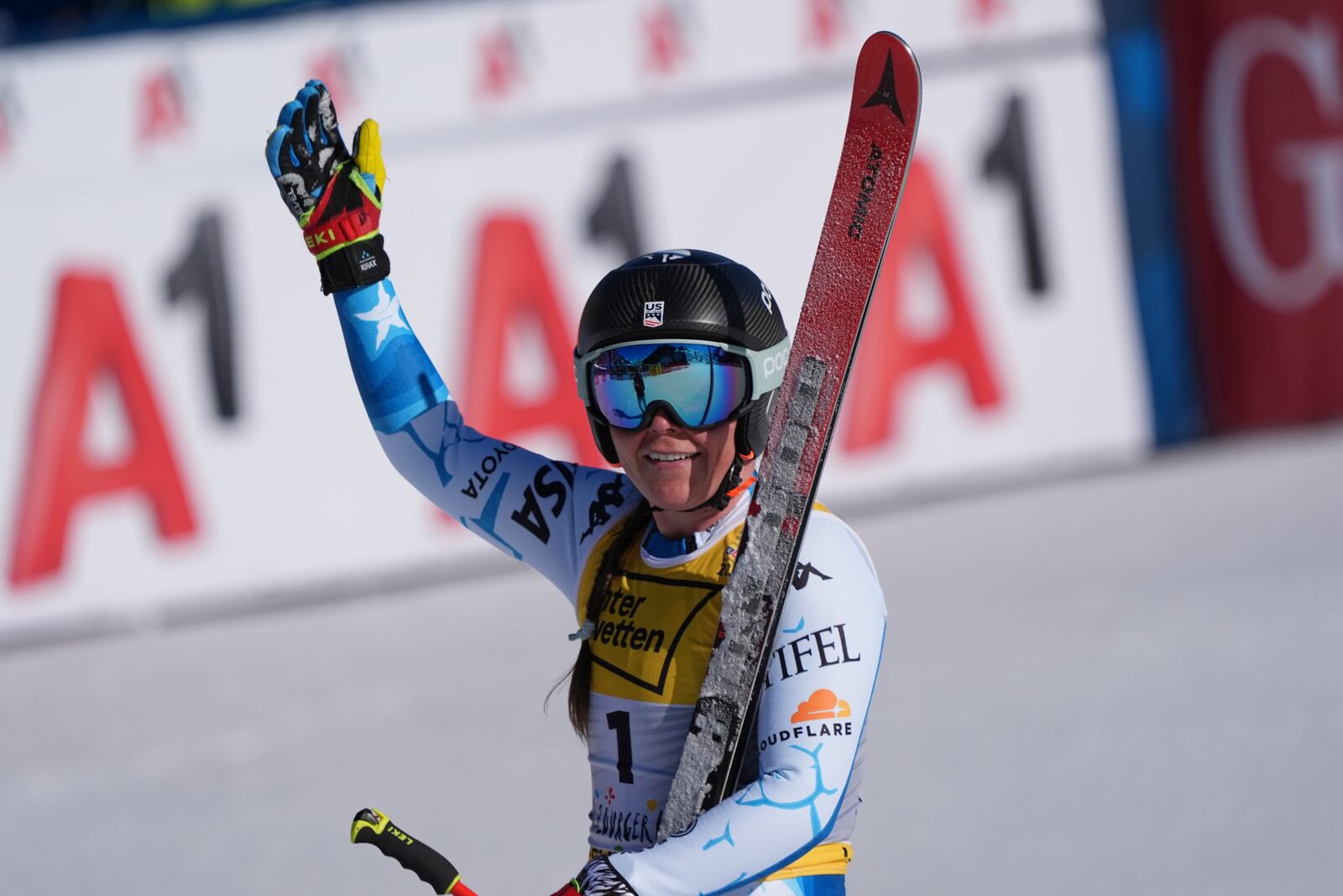 United States' Breezy Johnson celebrates at the finish area of a women's downhill race, at the Alpine Ski World Championships, in Saalbach-Hinterglemm, Austria, Saturday, Feb. 8, 2025. (AP Photo/Giovanni Auletta)