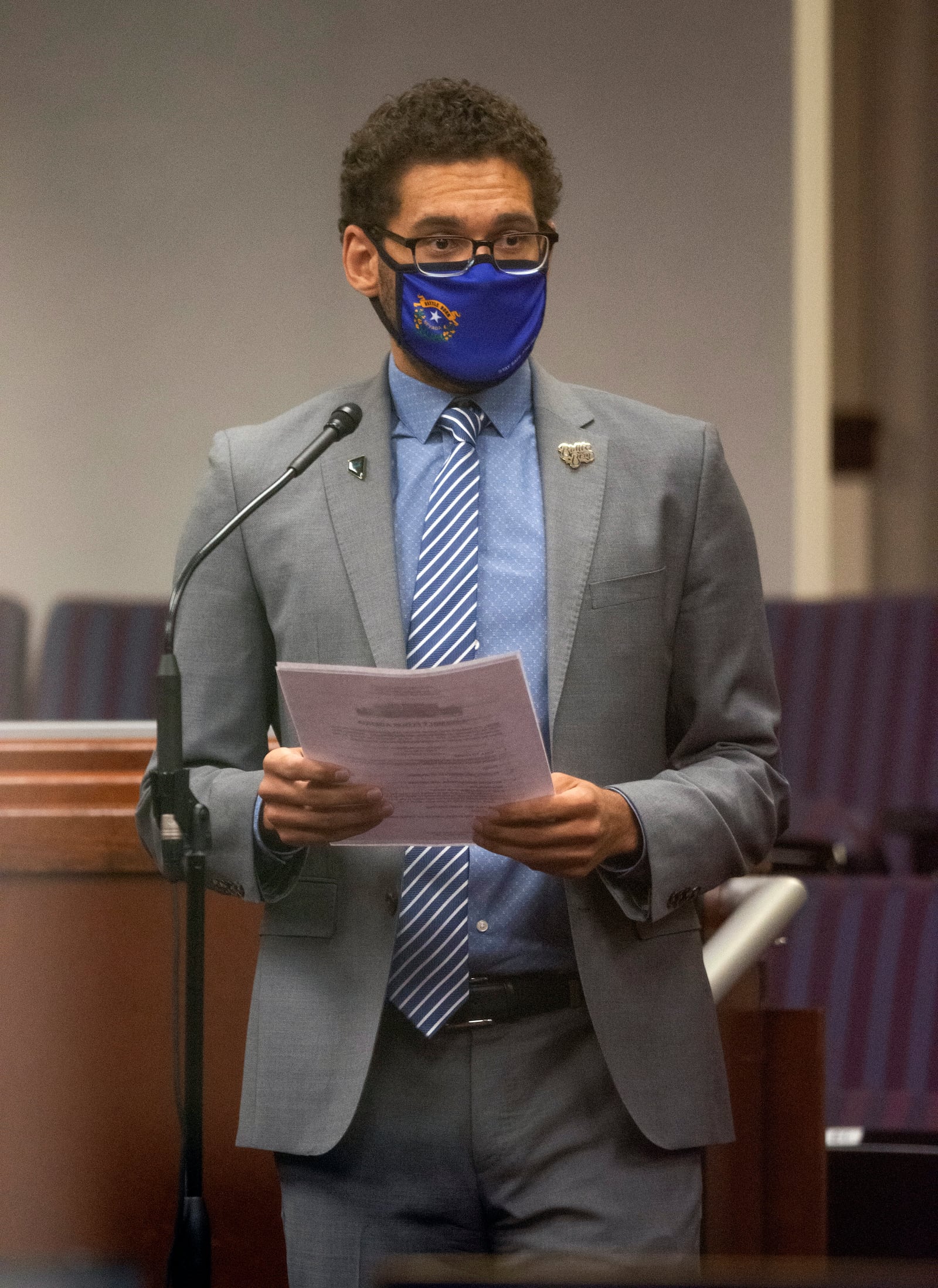 FILE - Assemblyman Howard Watts speaks during the sixth day of the 31st Special Session of the Nevada Legislature in Carson City, Nev., July 14, 2020. (David Calvert/The Nevada Independent via AP, Pool, File)