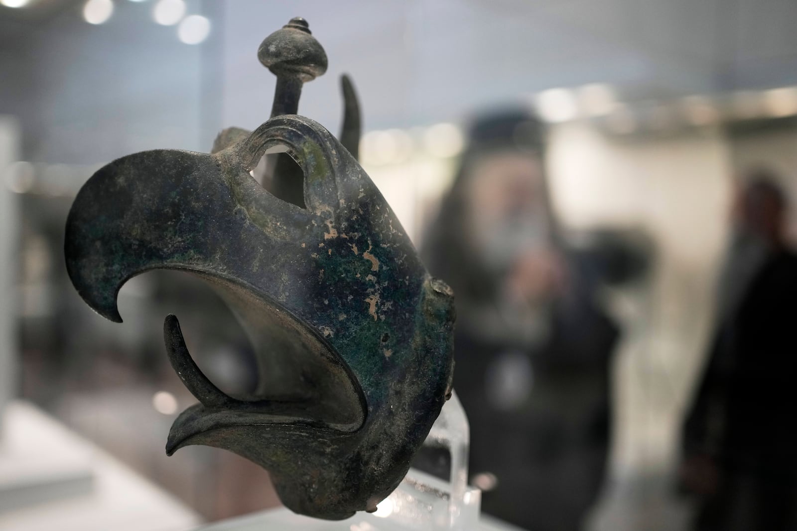 The head of a griffin, that was repatriated from New York's Metropolitan Museum of Art, is displayed at the Archaeological Museum of Olympia in Ancient Olympia, Greece, on Friday, March 21, 2025. (AP Photo/Thanassis Stavrakis)