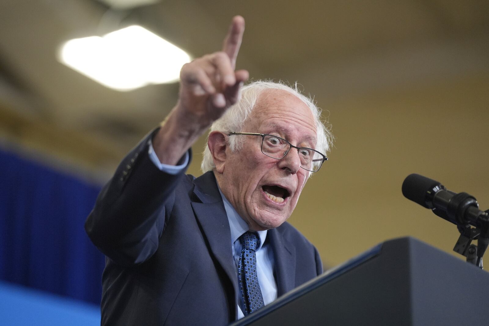 Sen. Bernie Sanders, D-N.H., speaks before President Joe Biden arrives to deliver remarks on lowering the cost of prescription drugs, at NHTI Concord Community College, Tuesday, Oct. 22, 2024, in Concord, N.H. (AP Photo/Manuel Balce Ceneta)