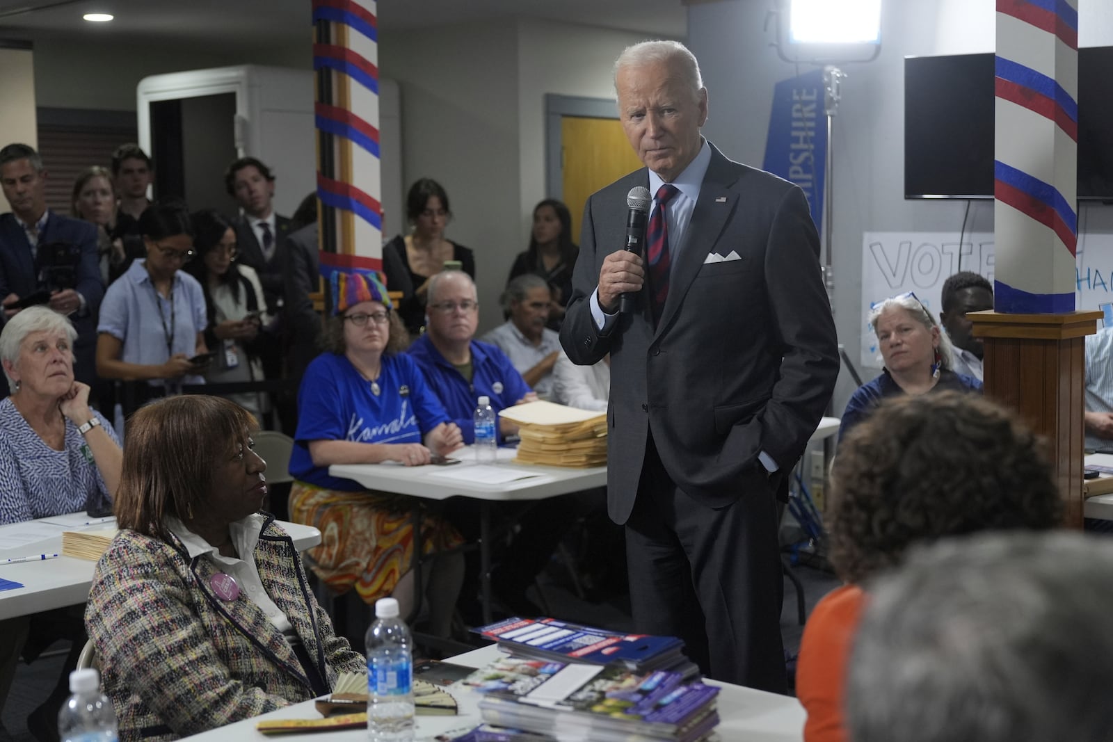 President Joe Biden visits a New Hampshire Democratic coordinated campaign office in Concord, NH, Tuesday, Oct. 22, 2024. (AP Photo/Manuel Balce Ceneta)