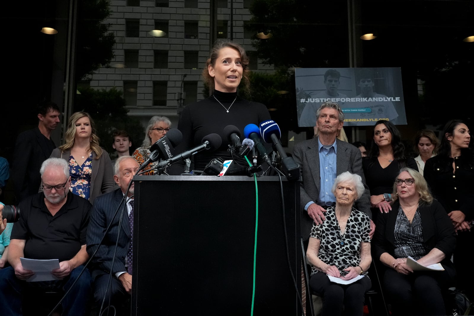 Anamaria Baralt, niece of Jose Menendez, speaks during a press conference to announce developments on the case of brothers Erik and Lyle Menendez, Wednesday, Oct. 16, 2024, in Los Angeles. (AP Photo/Damian Dovarganes)