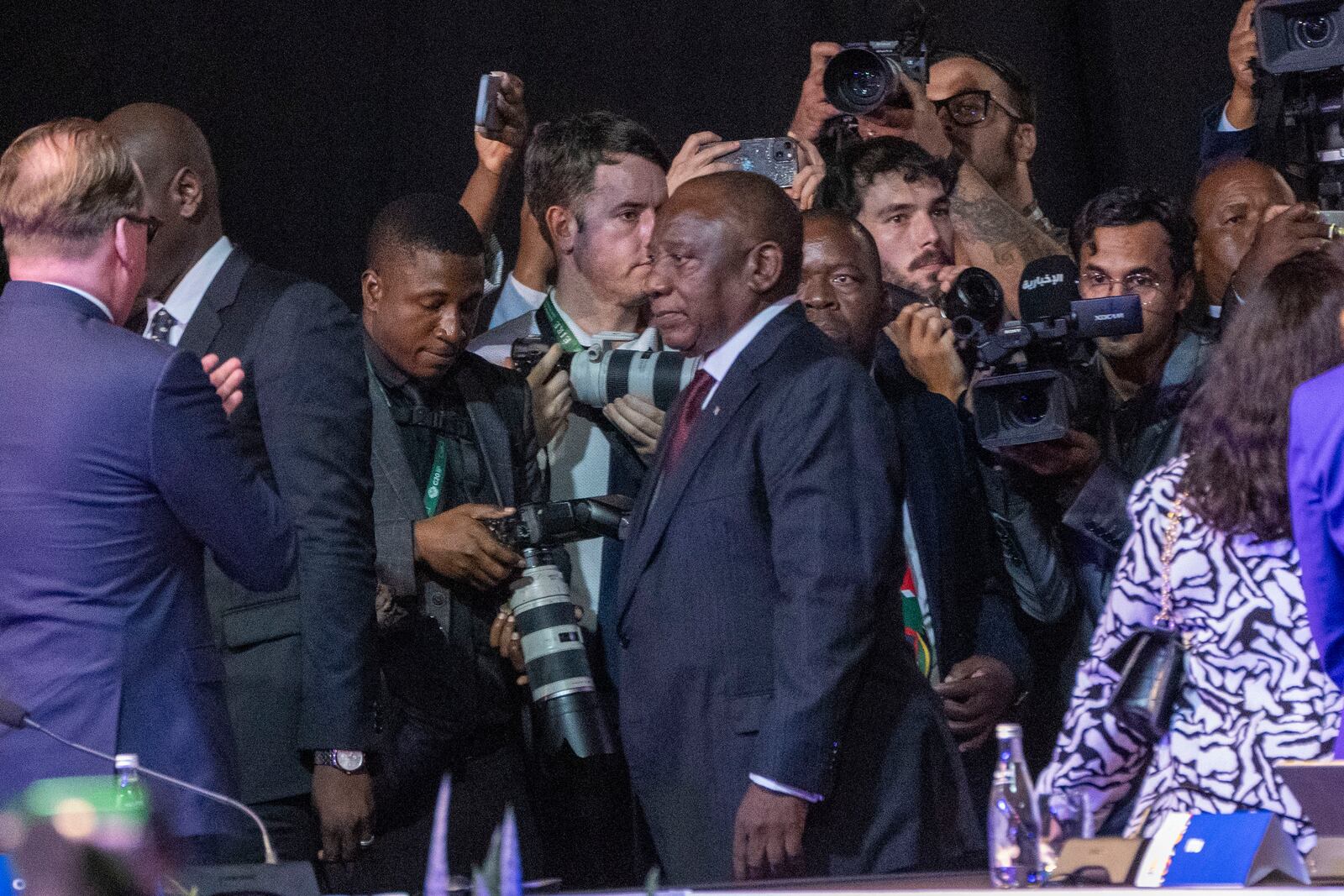 South African President Cyril Ramaphosa, centre, arrives for the opening session of the G20 foreign ministers meeting in Johannesburg, South Africa, Thursday, Feb. 20, 2025. (AP Photo/Jerome Delay)