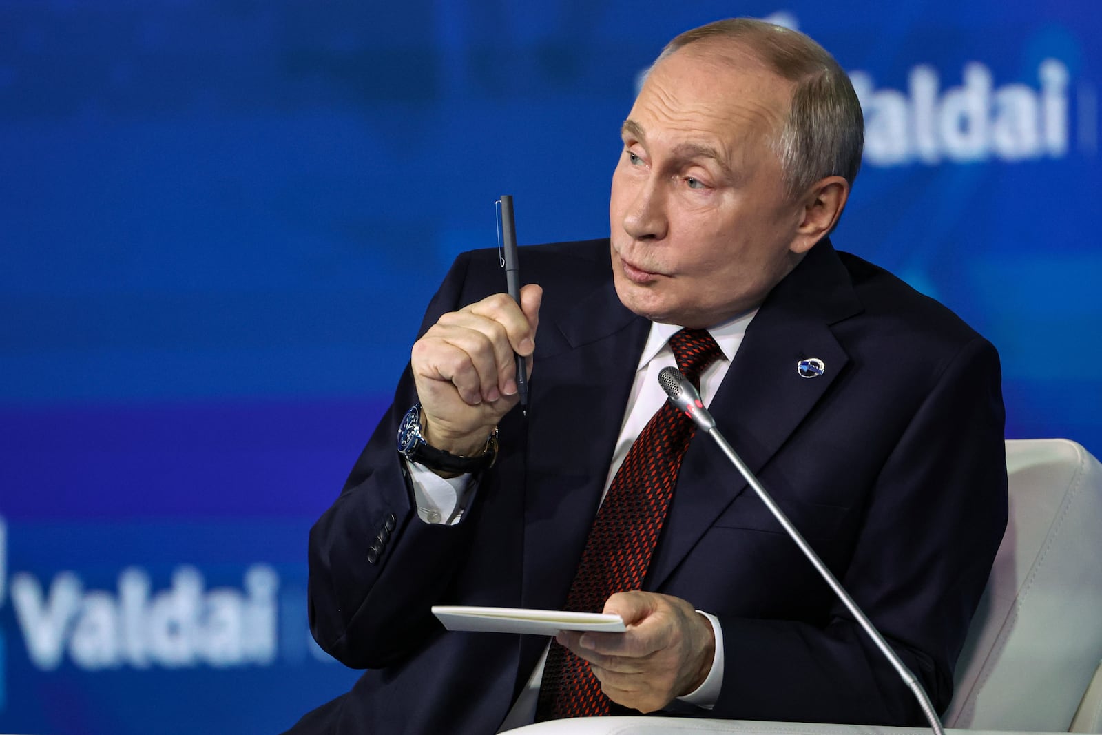 Russian President Vladimir Putin speaks during a meeting with foreign policy experts at the Valdai Discussion Club in the Black Sea resort of Sochi, Russia, Thursday, Nov. 7, 2024. (Maxim Shipenkov/Pool Photo via AP)