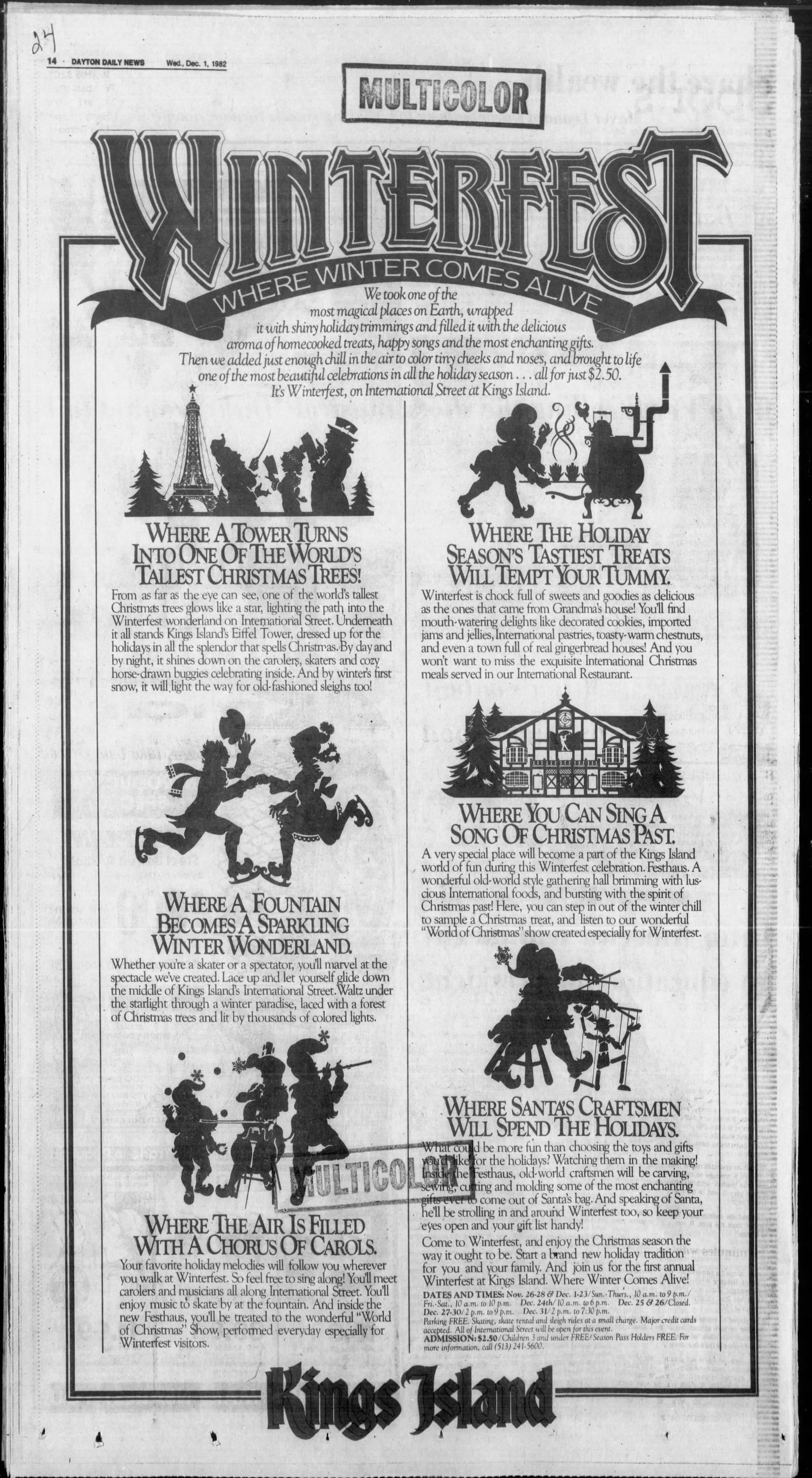 An advertisement for the first annual Winterfest event at Kings Island, found in a December 1982 edition of the Dayton Daily News