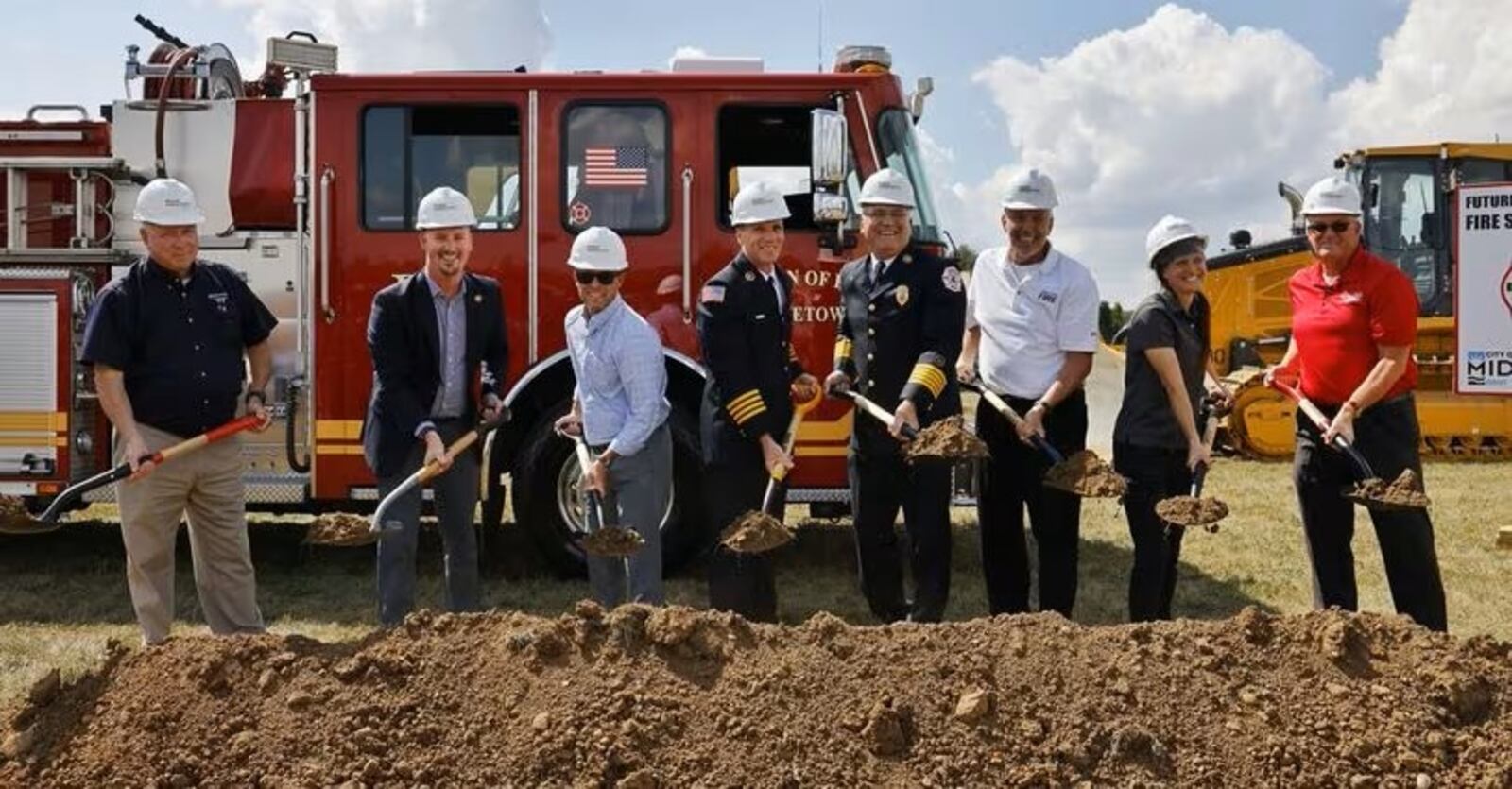 Ground was broken Sept. 18 on the Middletown Division of Fire headquarters on Yankee Road. From left: City Manager Paul Lolli, State Rep. Thomas Hall, R-Madison Twp., council member Tal Moon, Assistant Fire Chief Steve Ludwig, Fire Chief Tom Snively, former fire chief John Sauter, Mayor Nicole Condrey and Rick Pearce, president of the Chamber of Commerce serving Middletown, Monroe and Trenton. NICK GRAHAM/STAFF