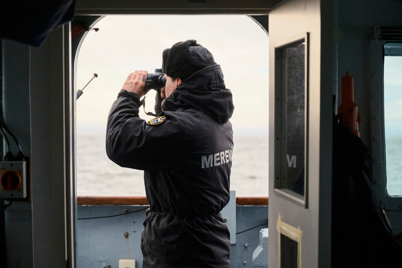 An Estonian naval ship sails in the Baltic Sea on Thursday, Jan. 9, 2025, as part of stepped-up NATO patrols in the region following suspected sabotage of undersea cables. (AP Photo/Hendrik Osula)