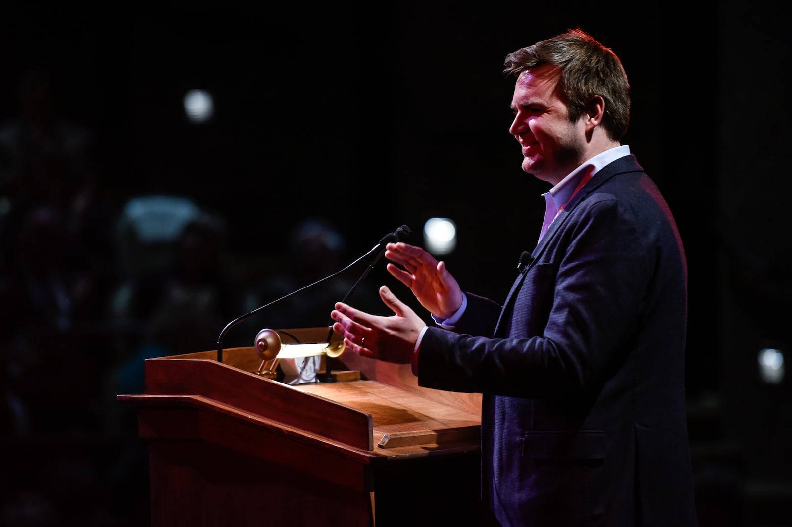 J.D. Vance, author of the best-selling book “Hillbilly Elegy: A Memoir of a Family and Culture in Crisis” and a Middletown native, speaks to the crowd during the 2017 Alex & Lena Casper Memorial Lecture on March 9 at Dave Finkelman Auditorium at Miami University Middletown. 