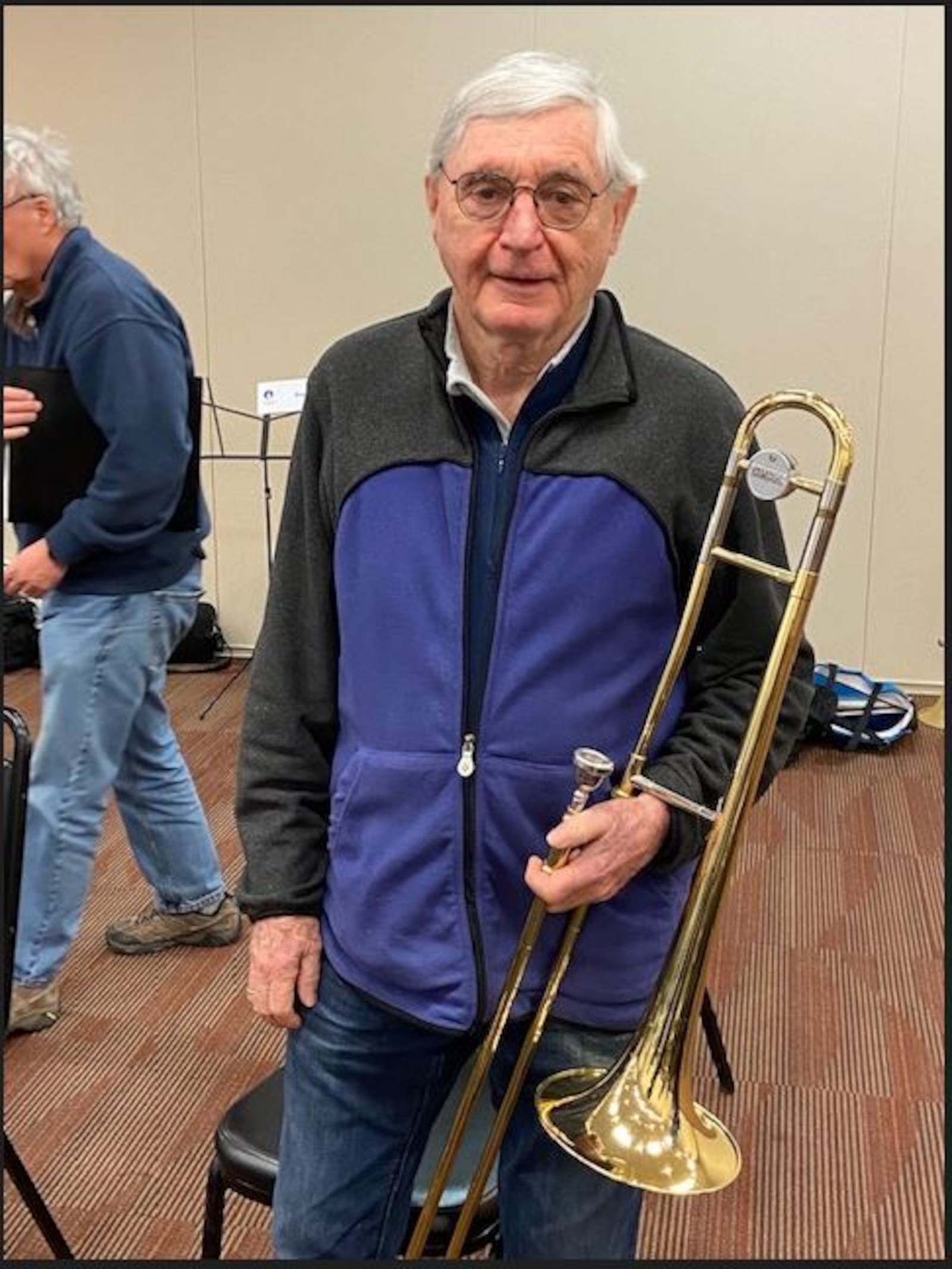 Phil Aaron, 90, is a retired UD International Studies Professor, played the trumpet when he was younger, but now plays the trombone. CONTRIBUTED