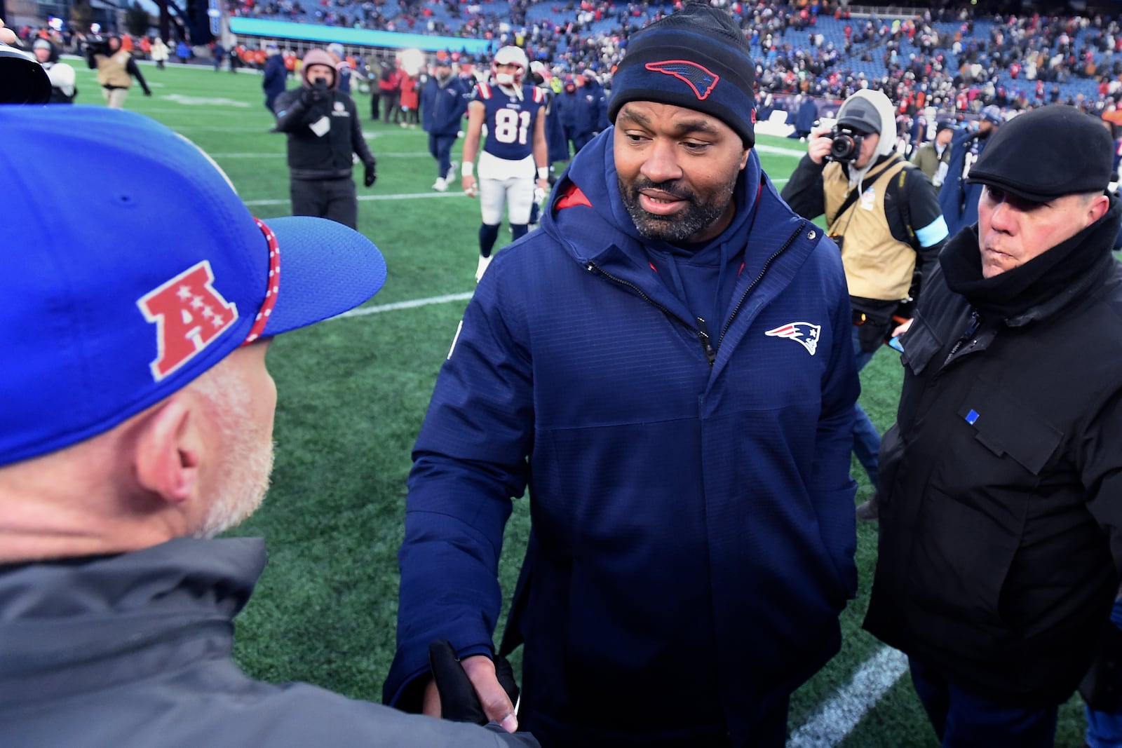 New England Patriots head coach Jerod Mayo shakes hands with Buffalo Bills head coach Sean McDermott after an NFL football game, Sunday, Jan. 5, 2025, in Foxborough, Mass. (AP Photo/Steven Senne)