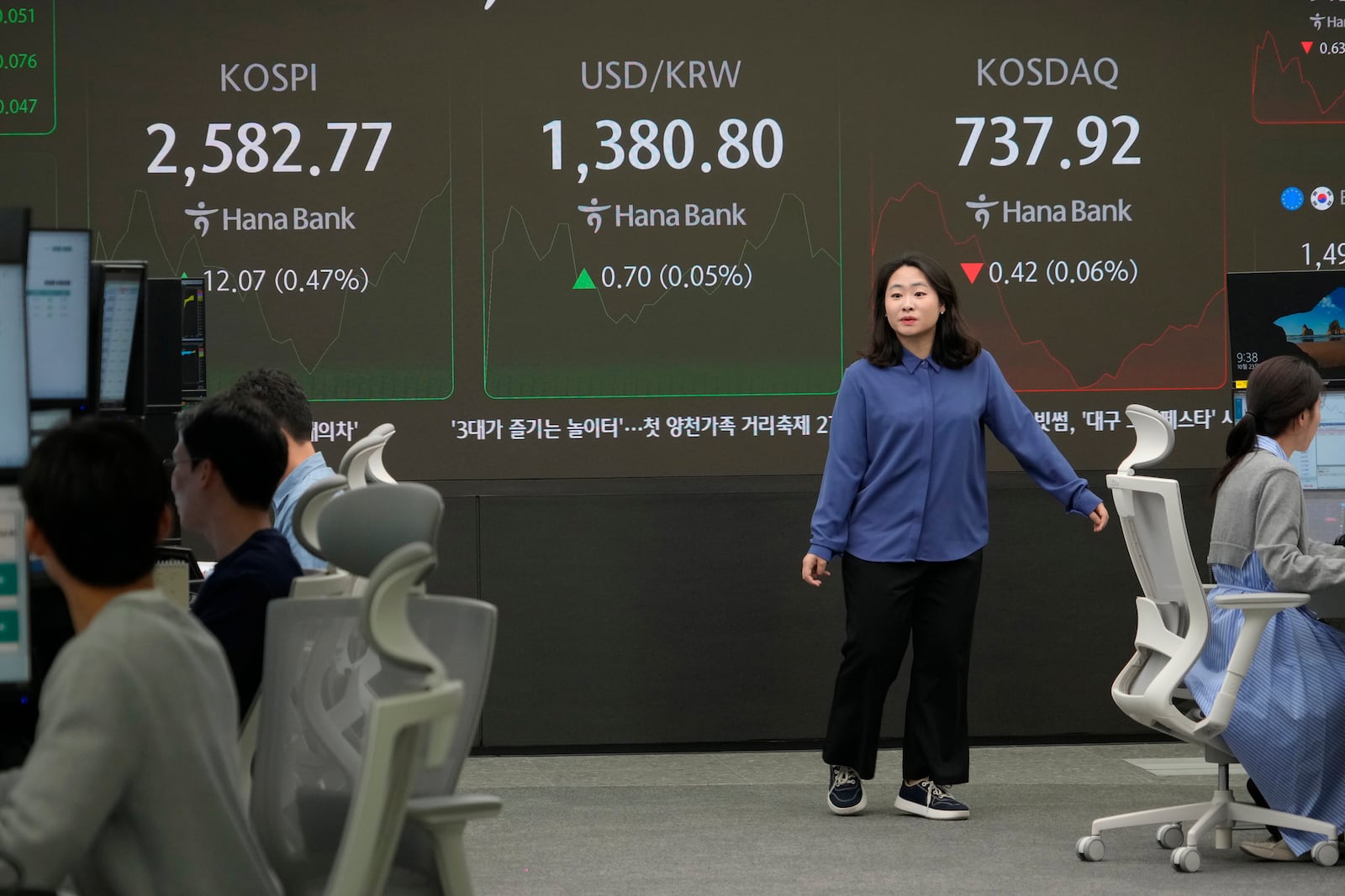 A currency trader works near a screen showing the Korea Composite Stock Price Index (KOSPI), left, and the foreign exchange rate between U.S. dollar and South Korean won, center, at the foreign exchange dealing room of the KEB Hana Bank headquarters in Seoul, South Korea, Wednesday, Oct. 23, 2024. (AP Photo/Ahn Young-joon)