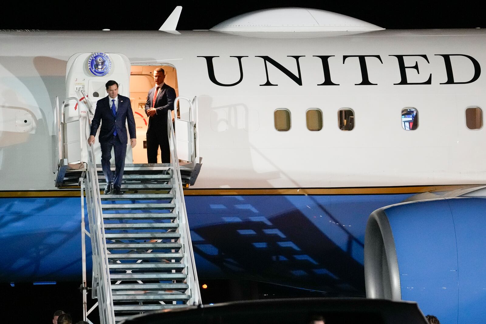 Secretary of State Marco Rubio deplanes at the international airport in Panama Pacifico, Panama, Saturday, Feb. 1, 2025. (AP Photo/Matias Delacroix)